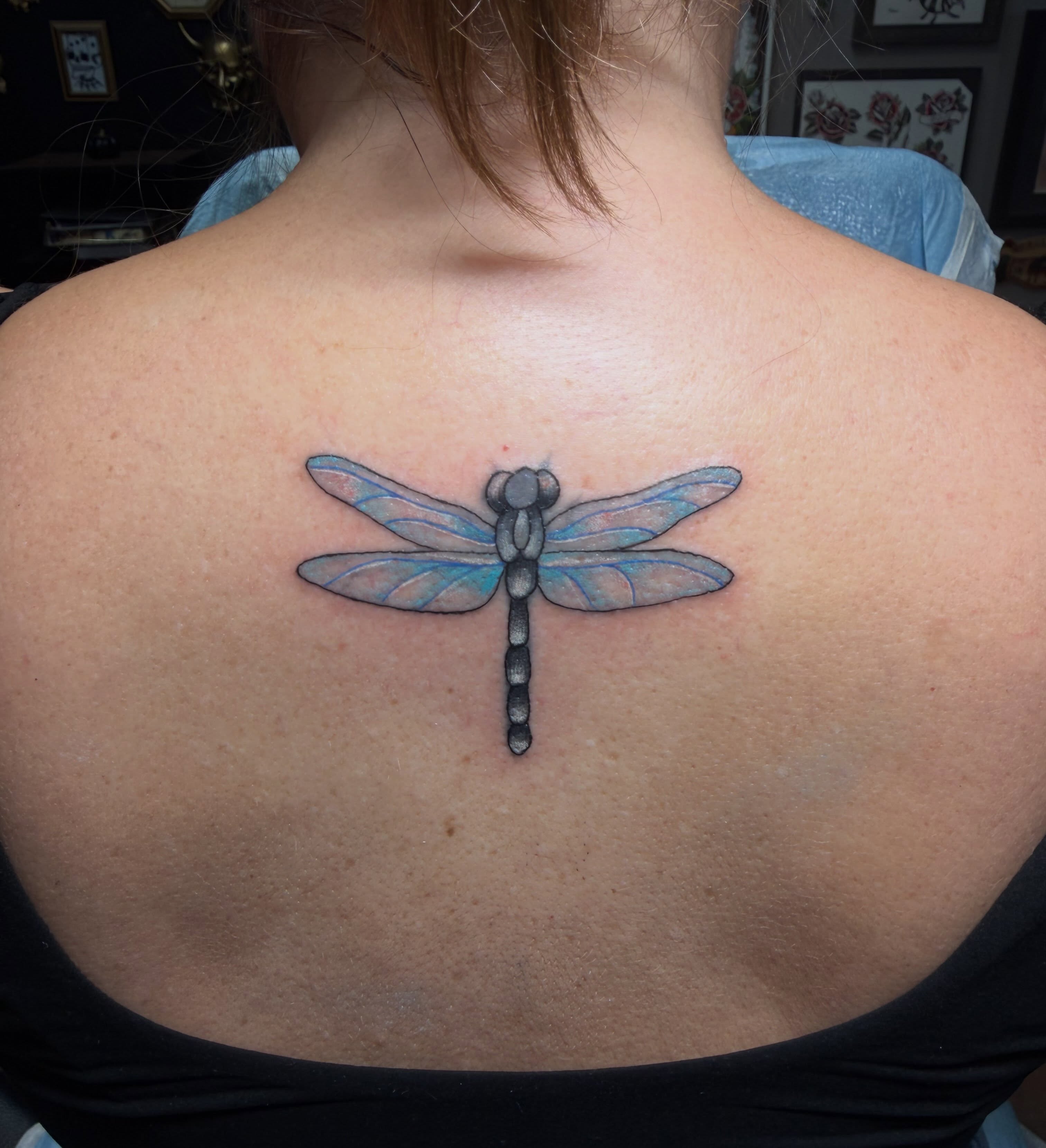 Dragonfly realism tattoo on the back by Bri ⚡️✨
