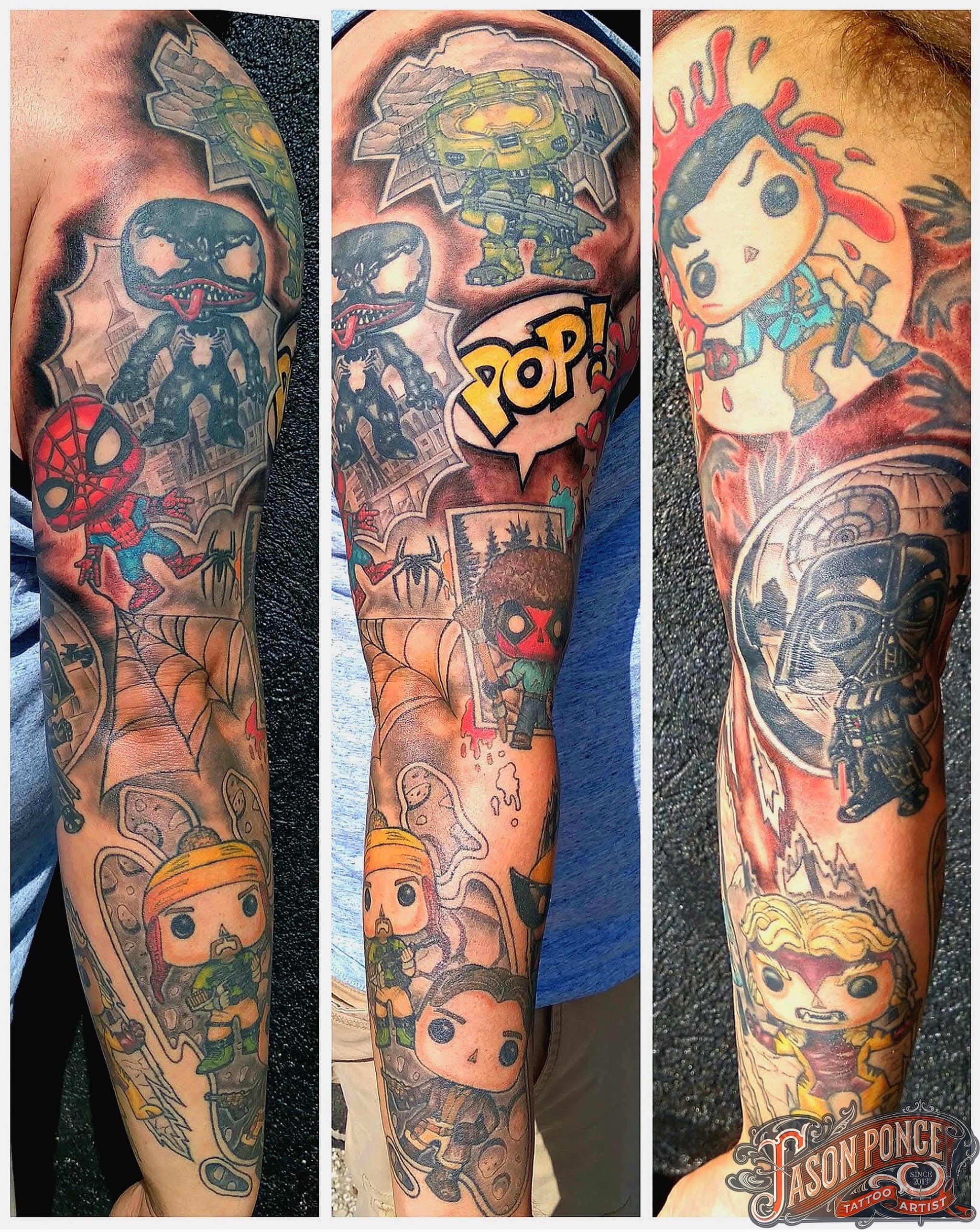 Pop culture characters American traditional tattoo on the forearm by Jason Ponce
