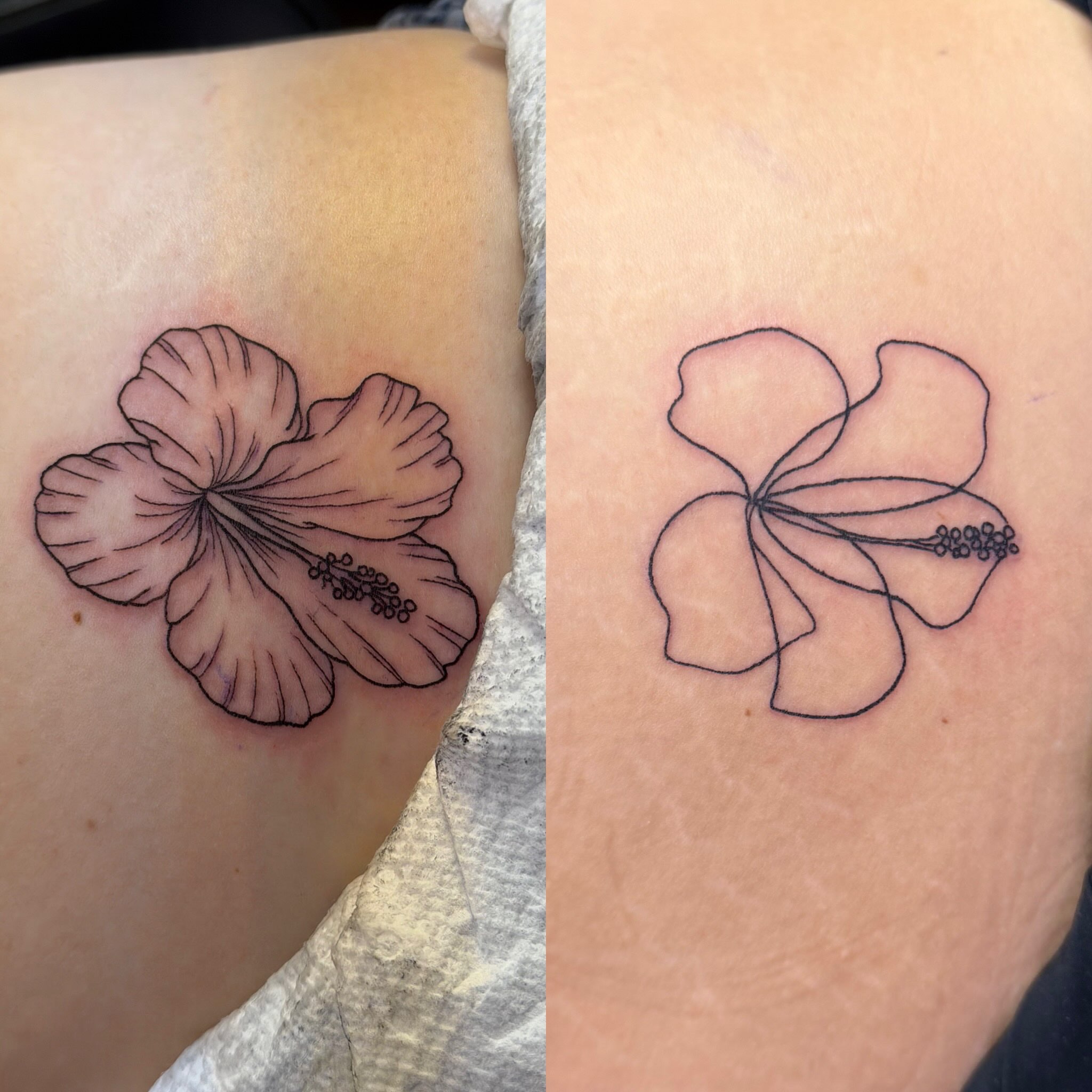 Hawaiian flower black and grey tattoo on the upper arm by Stvn Geyer, Urbandale, Iowa