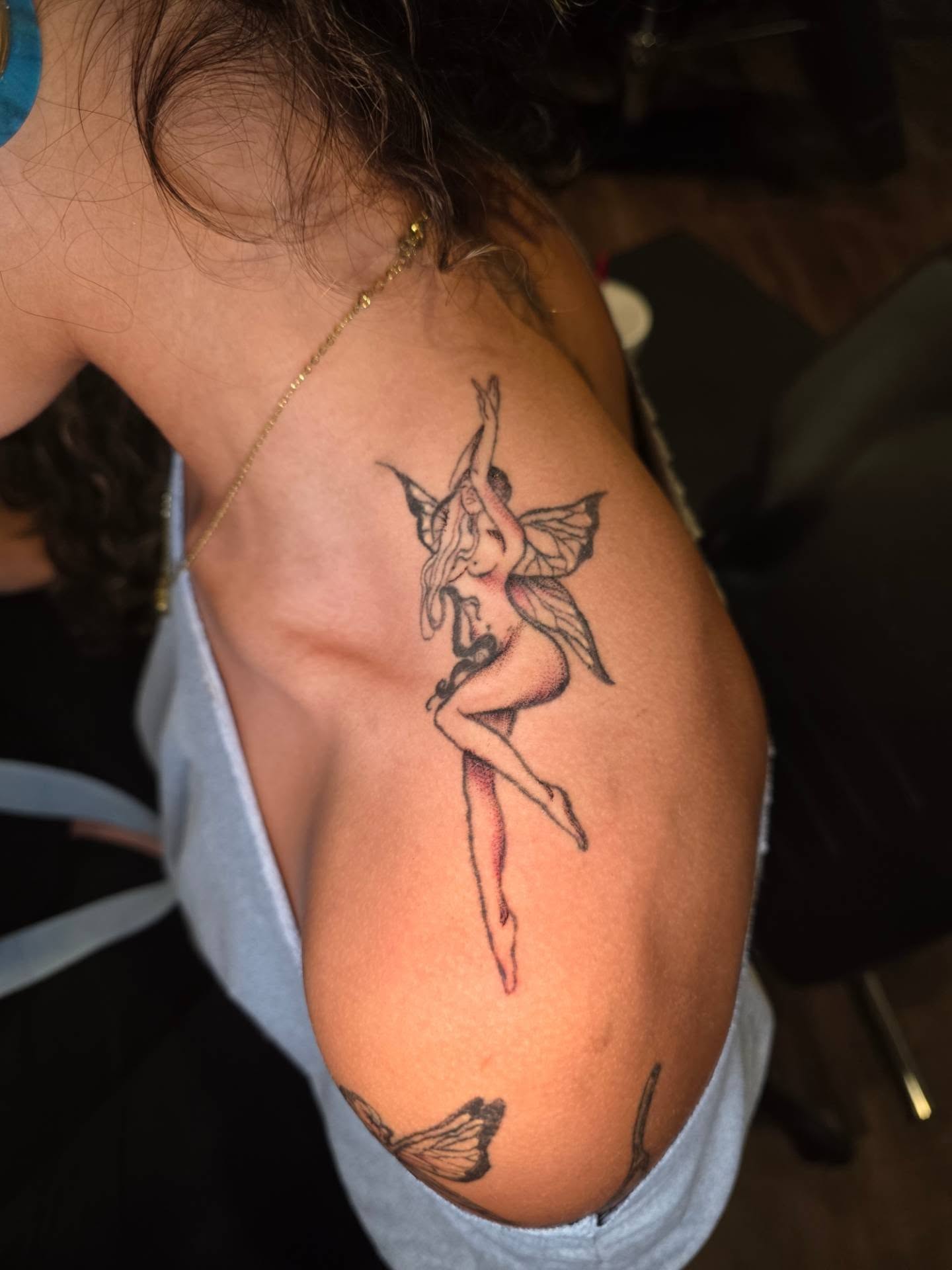 Fairy neo-traditional tattoo on the shoulder by Maggie