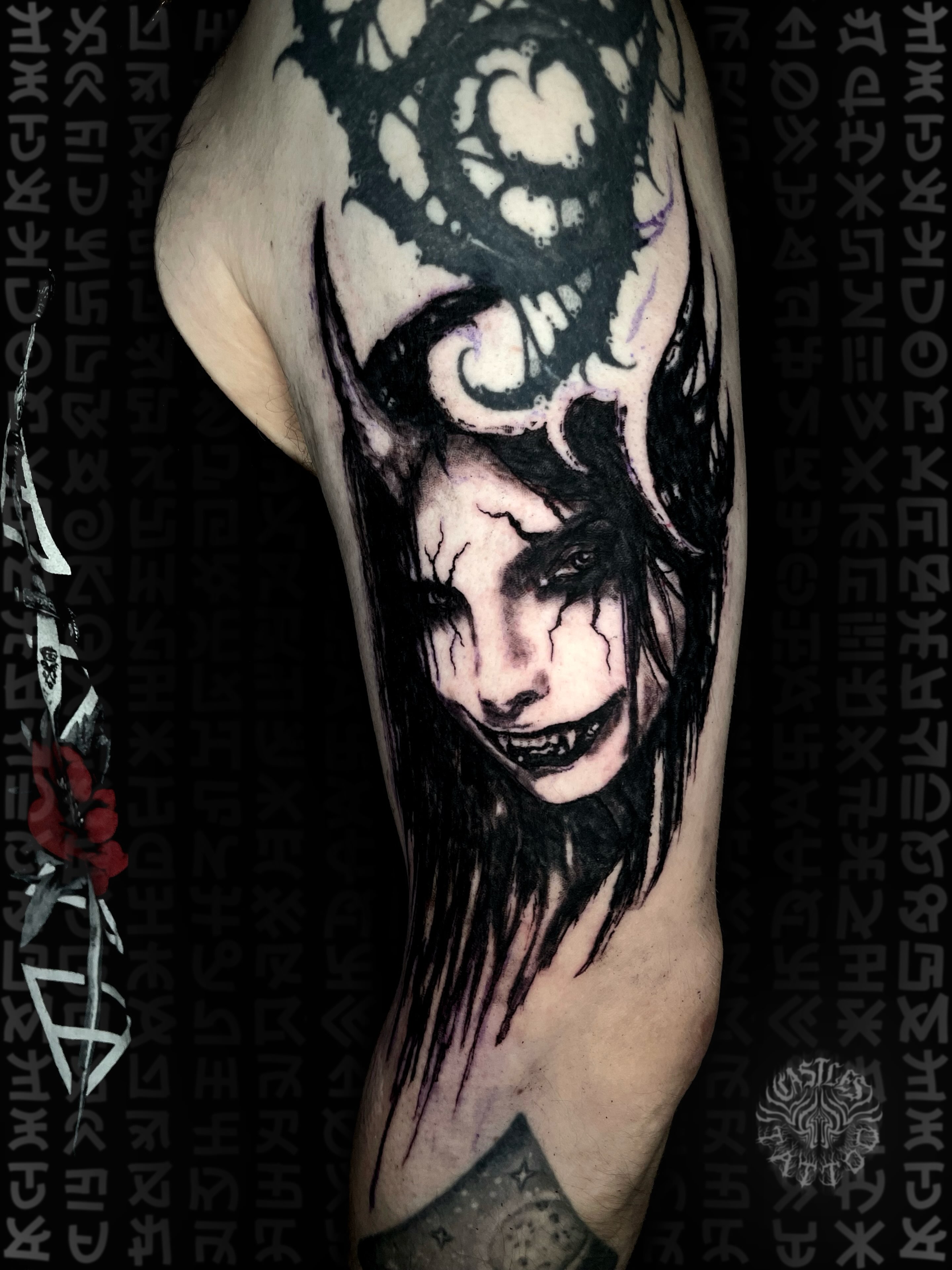 Horror woman dark realism tattoo on the forearm by Erin Portland Tattoo Artist