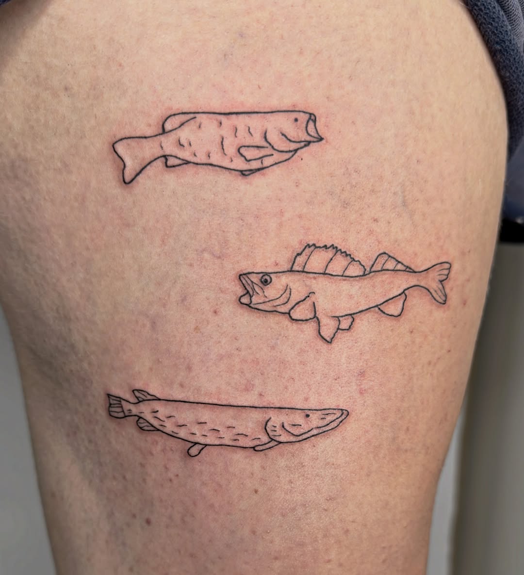 Fish black and grey tattoo on the thigh by Charlotte (Luna), Seattle, Washington
