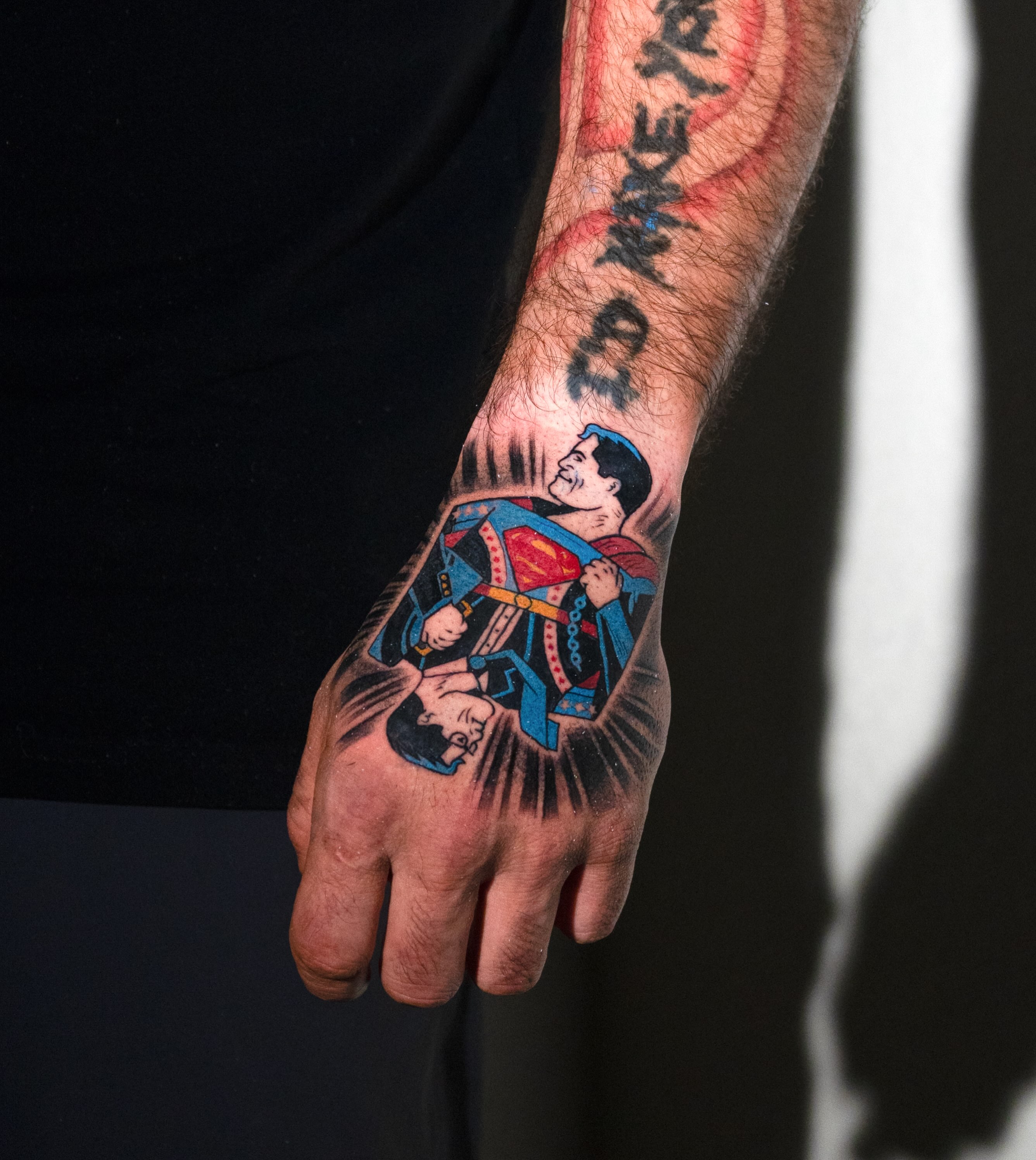 Superman American traditional tattoo on the hand by Danny Pando