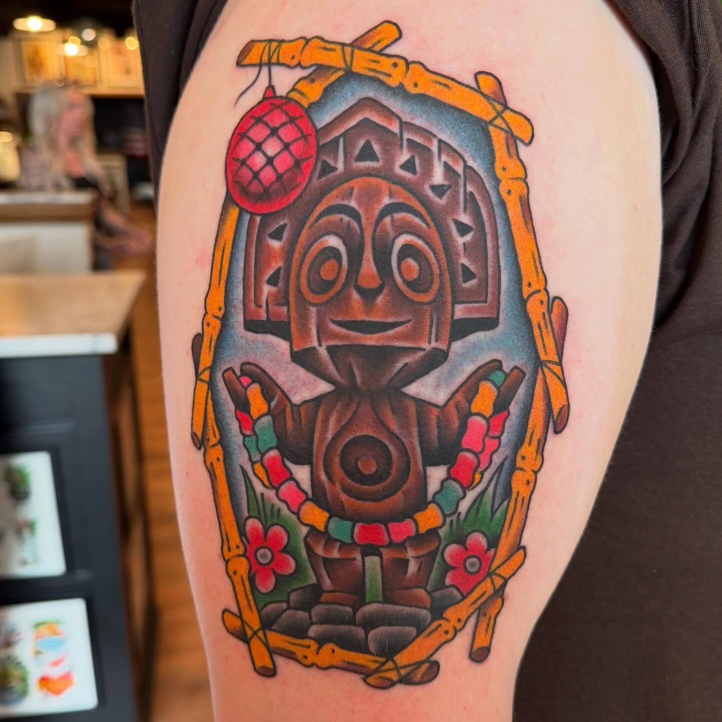 Mask American traditional tattoo on the upper arm by Grandma Approved, Chicago, Illinois