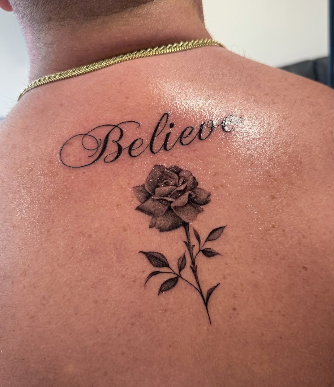 Rose and script black and grey tattoo on the back by Steph ❤️‍🔥 New Jersey Tattoo Artist