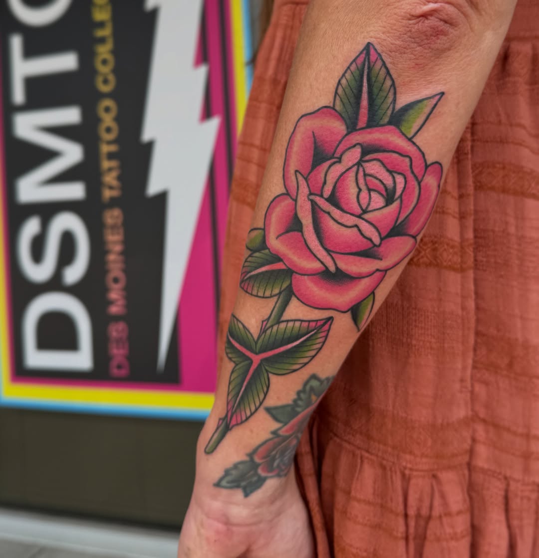 Rose American traditional tattoo on the forearm by Kaley, Des Moines, Iowa