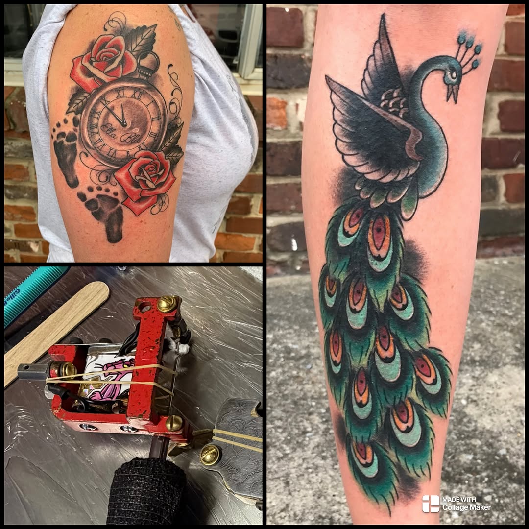 Peacock American traditional tattoo on the calf by Vudu Tattooer