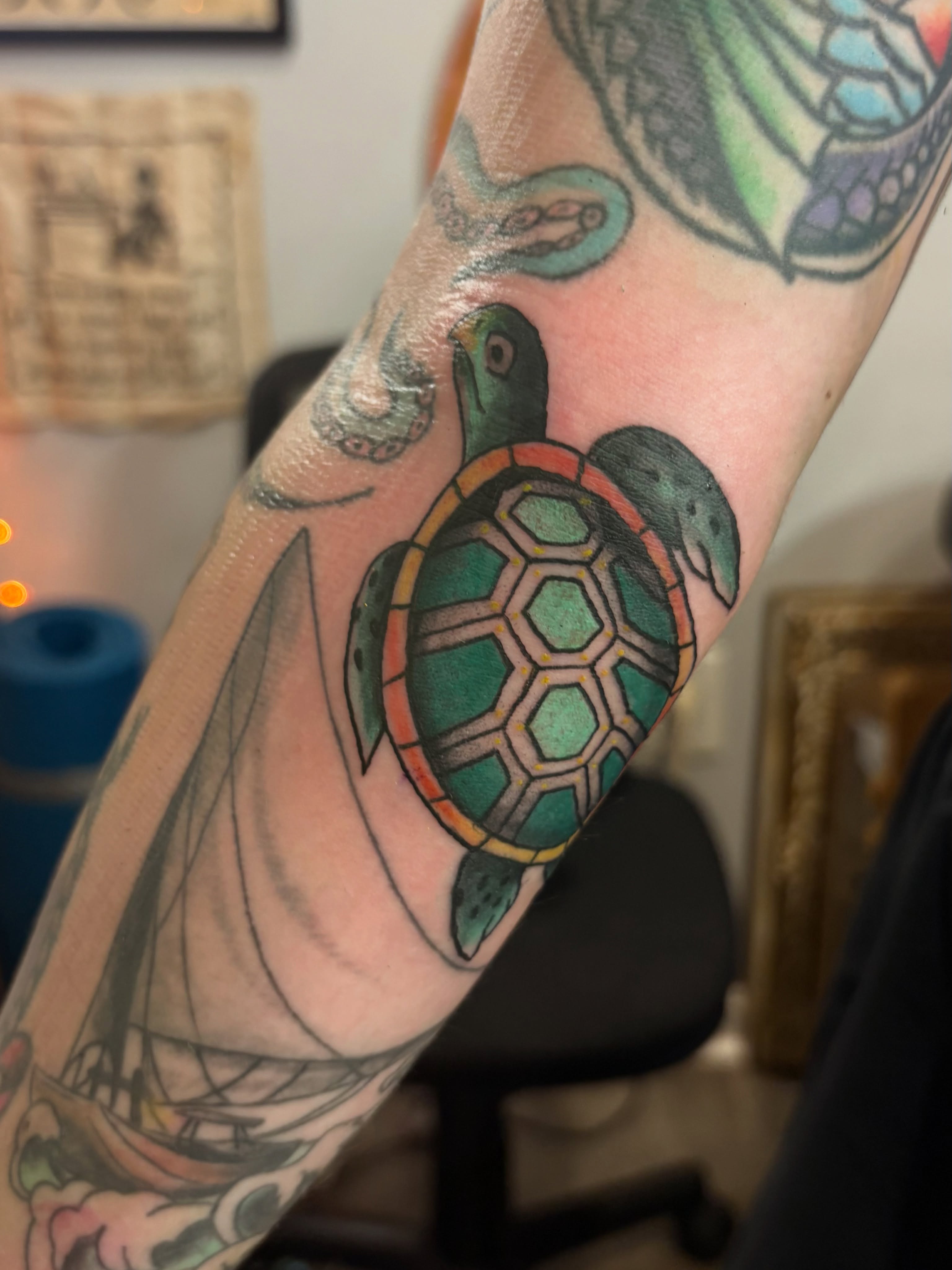 Turtle geometric tattoo on the forearm by Casey - Tattooer, Salem, Massachusetts