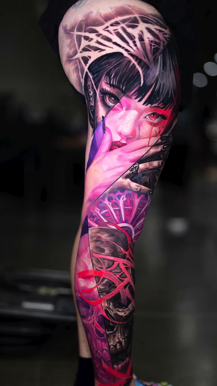 Woman with skull and geometric elements dark realism tattoo by Tattoos By Chino