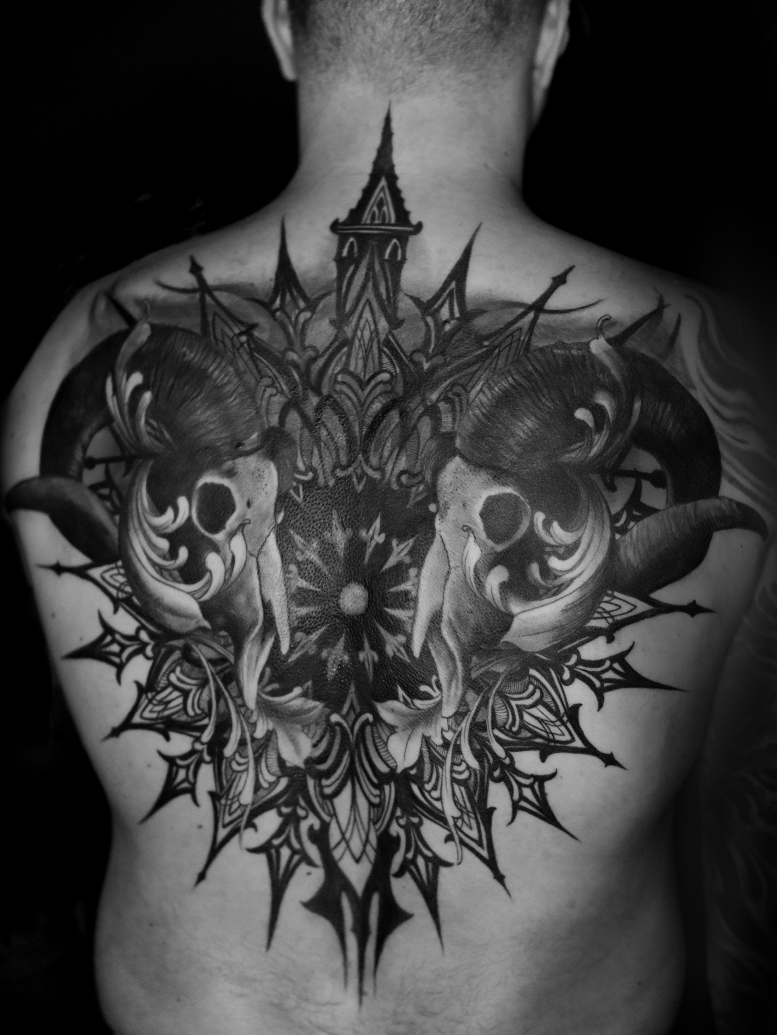 Tattoo by @dustinburtart — black_and_grey, geometric