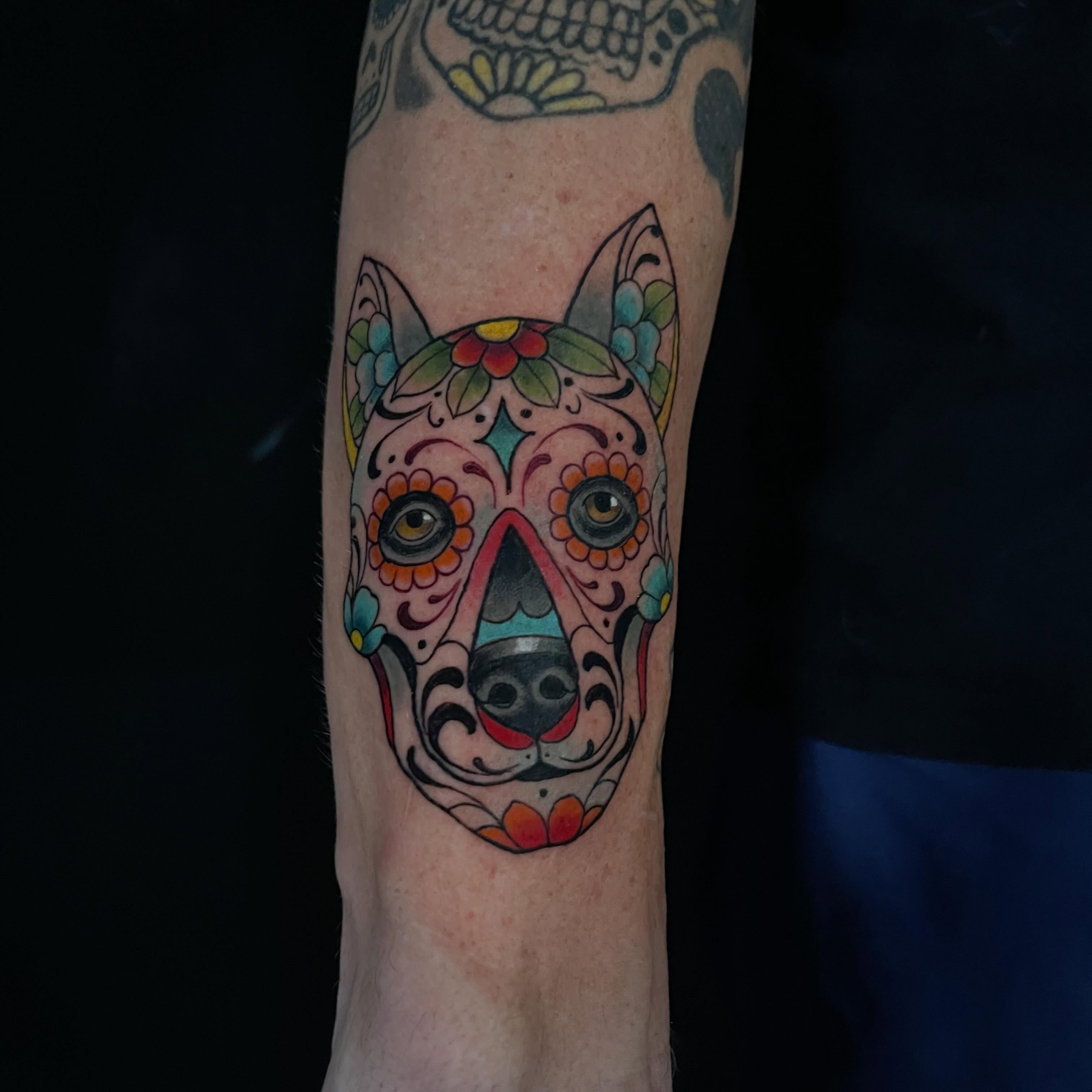 Dog skull Chicano tattoo on the forearm by ✨𝕄𝕚𝕜𝕖 𝕆’𝔽𝕒𝕣𝕣𝕖𝕝𝕝✨, Denver, Colorado