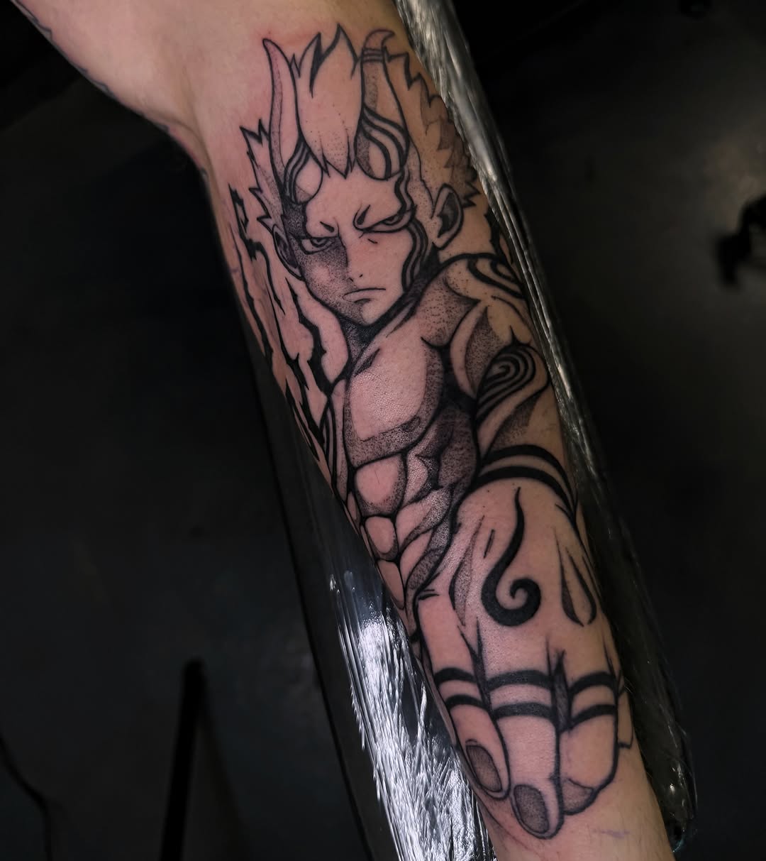 Anime character anime tattoo on the forearm by Melissa "Lotuss" Chan