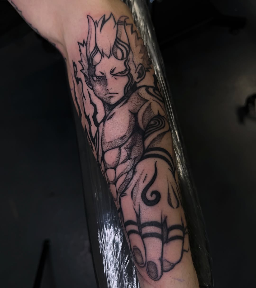 Anime character dotwork tattoo on the forearm by Melissa "Lotuss" Chan