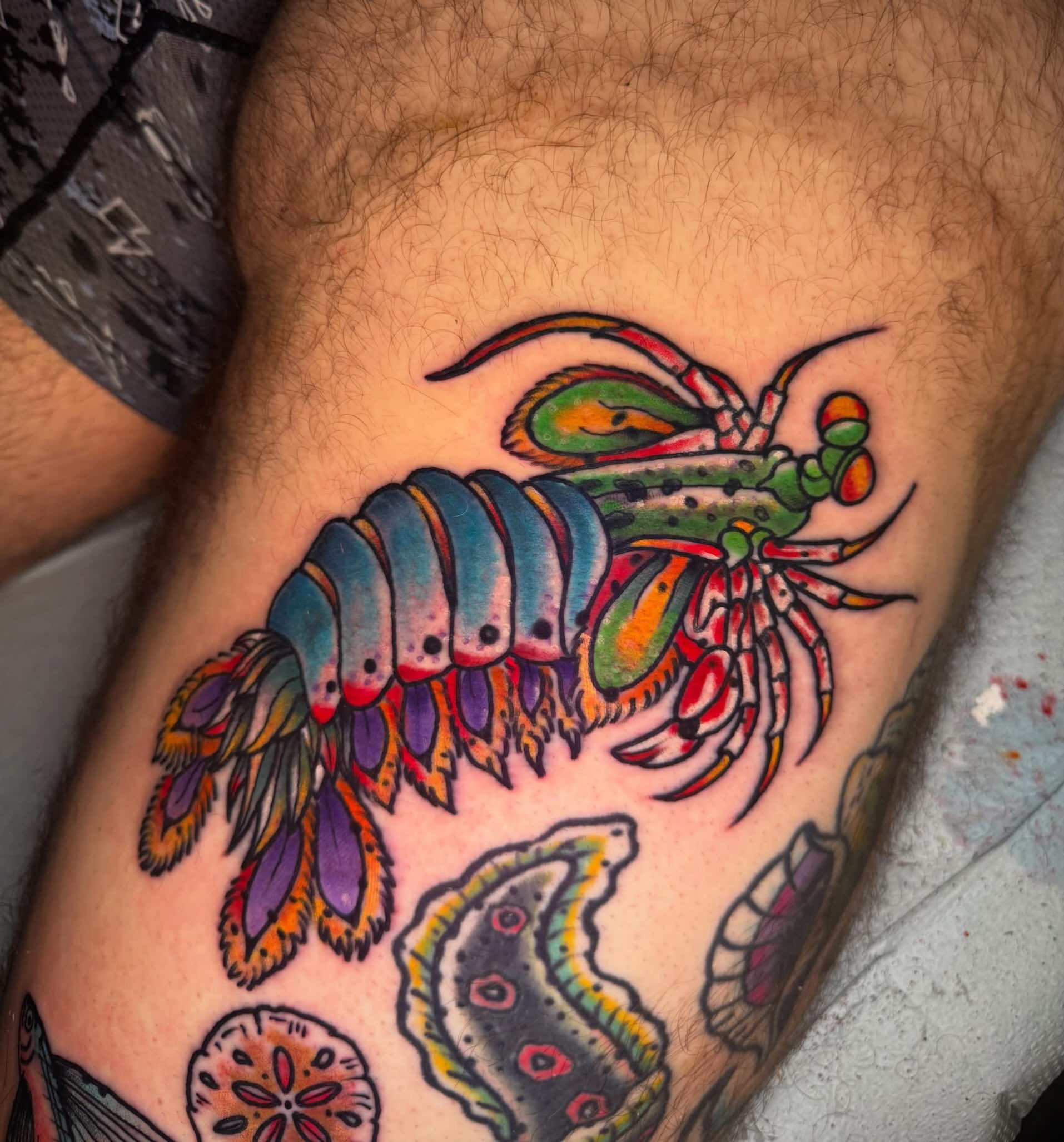 Prawn American traditional tattoo on the thigh by Arron Albaugh