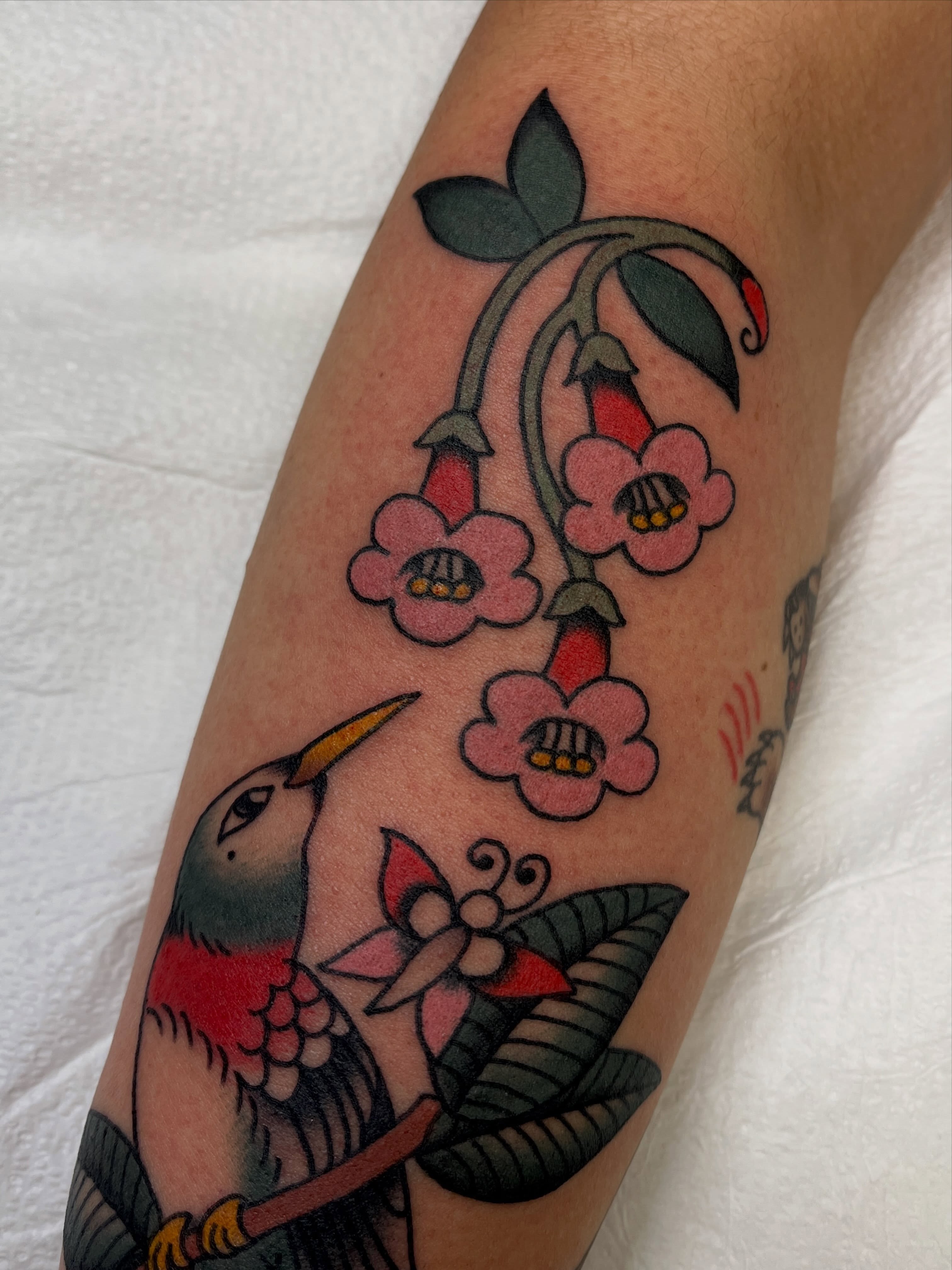 Bird and flowers American traditional tattoo on the forearm by 🌞all Bodies Welcome🌞
