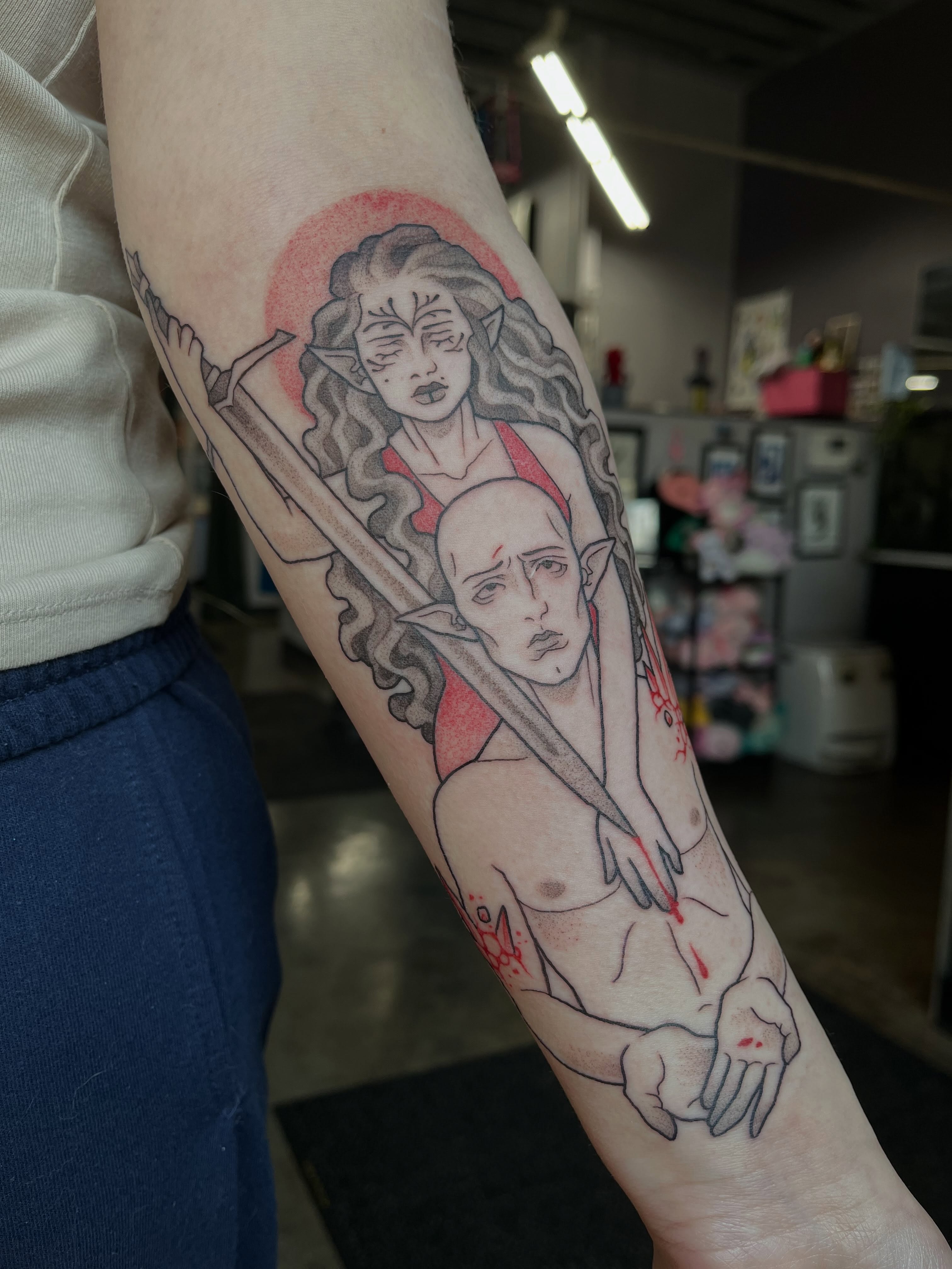 Elf and woman realism tattoo on the forearm by bunny, Minneapolis, Minnesota