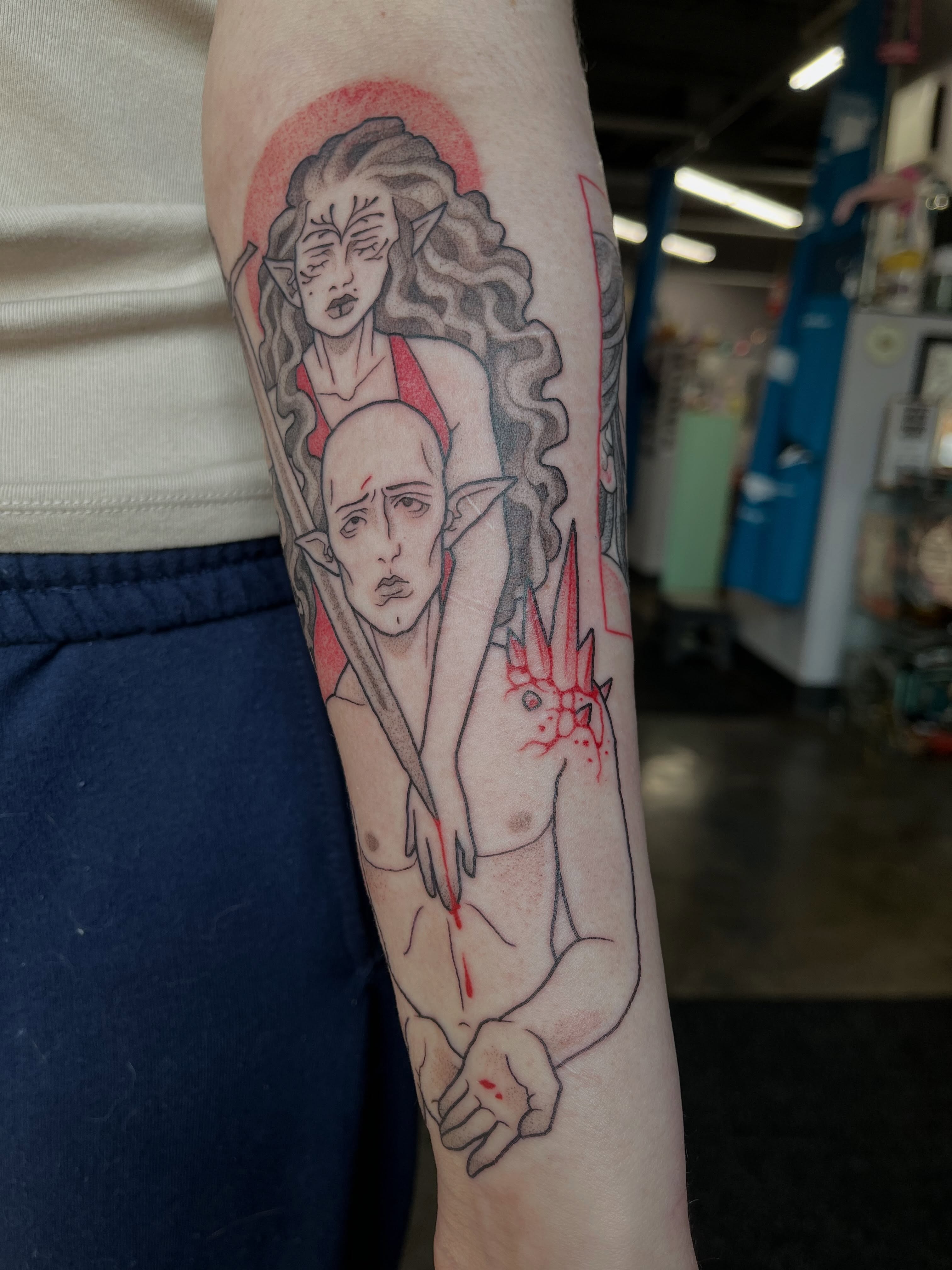 Naked woman with horns realism tattoo on the forearm by bunny, Minneapolis, Minnesota