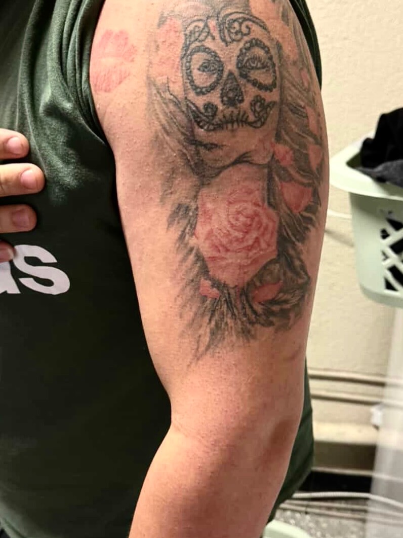 Skull and roses black and grey tattoo on the forearm by INK with KIRON 🇳🇵 🇺🇸DTX, Dallas, Texas