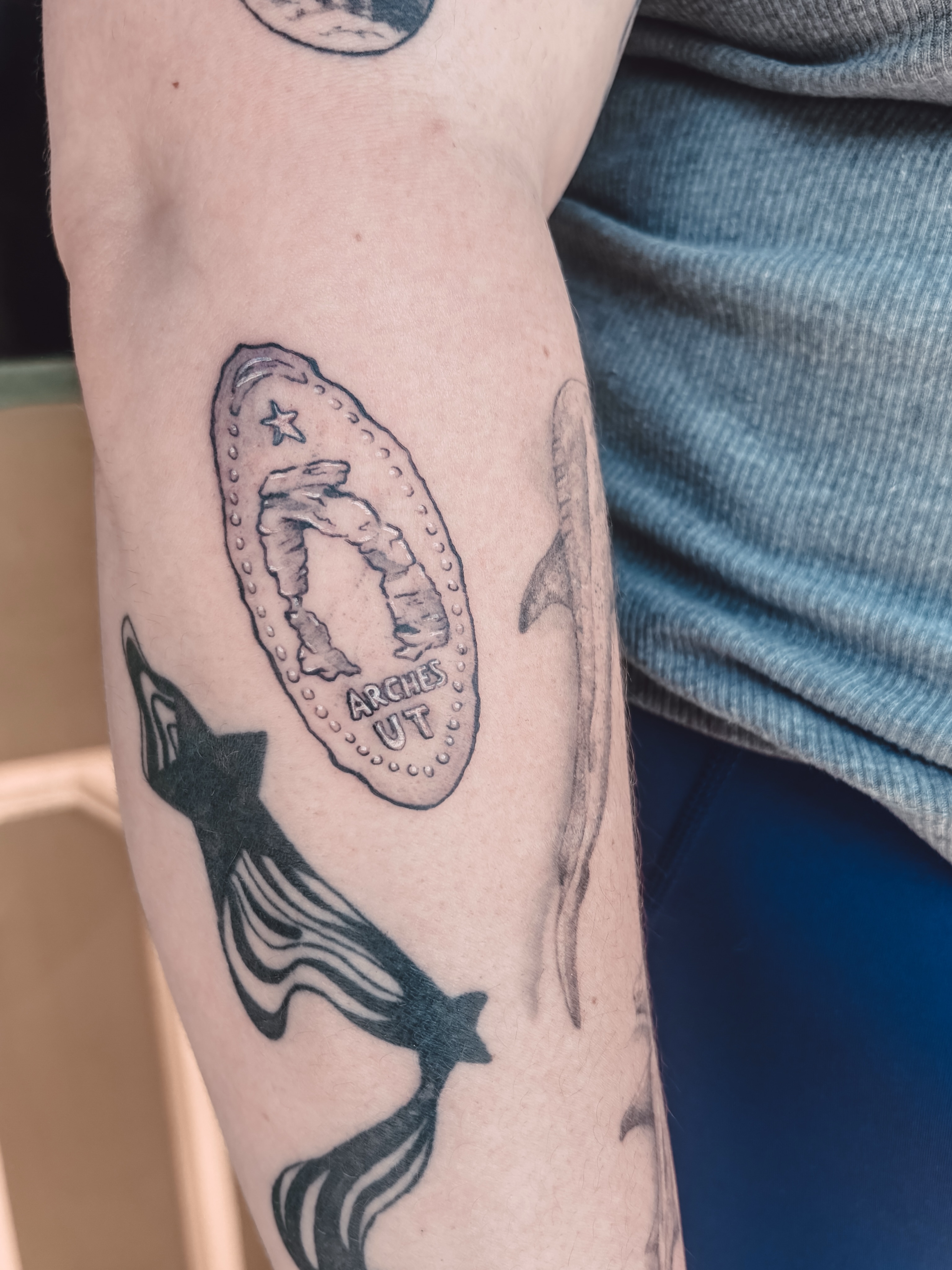 Arches national park coin black and grey tattoo on the forearm by Liz Cook