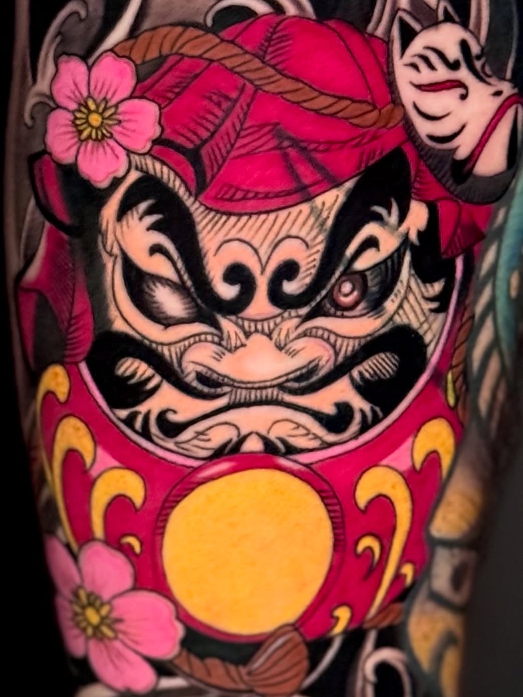 Demon mask American traditional tattoo on the forearm by Chris galvis, Charlotte, North Carolina