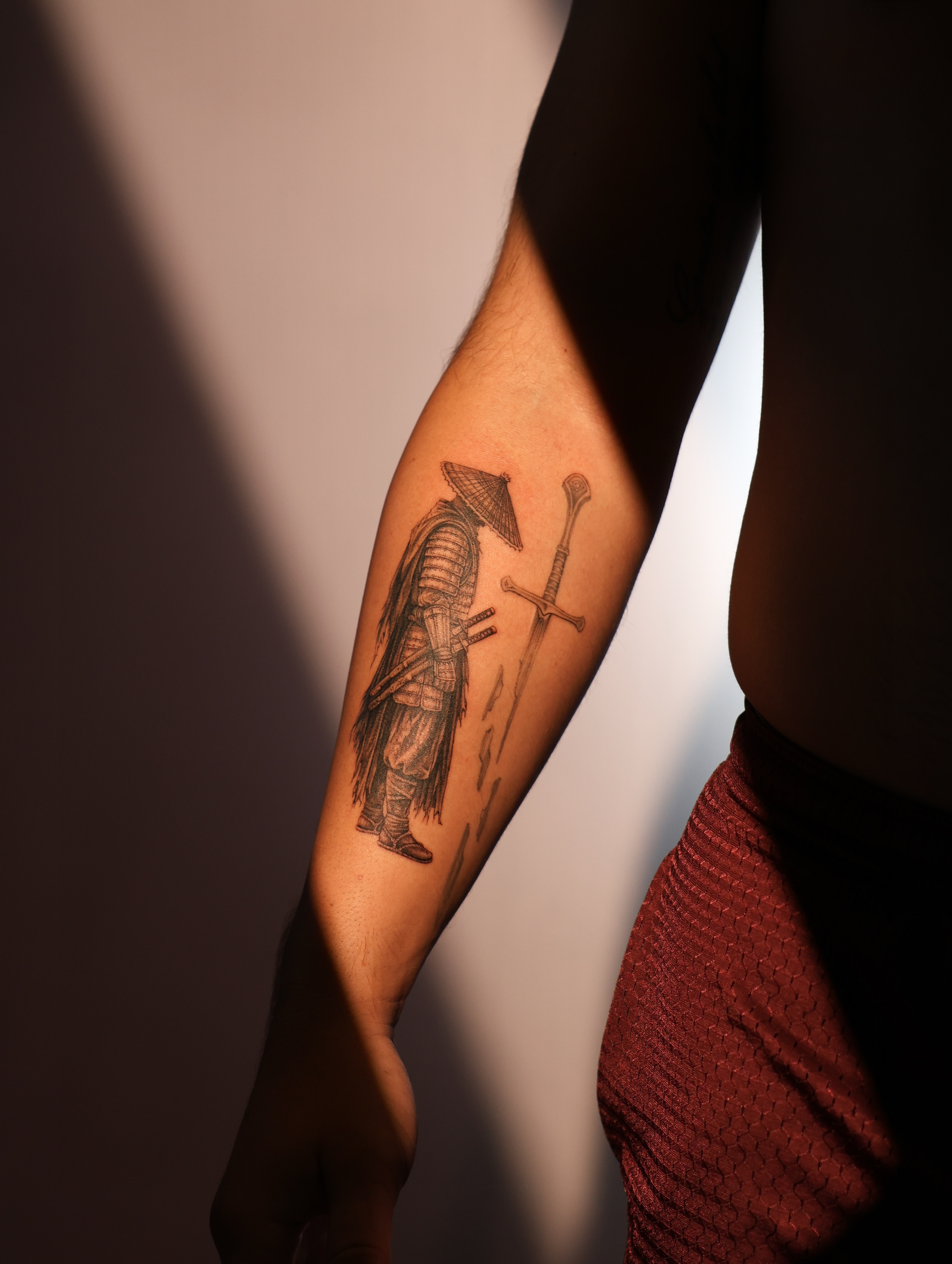 Samurai warrior black and grey tattoo on the forearm by Tiny