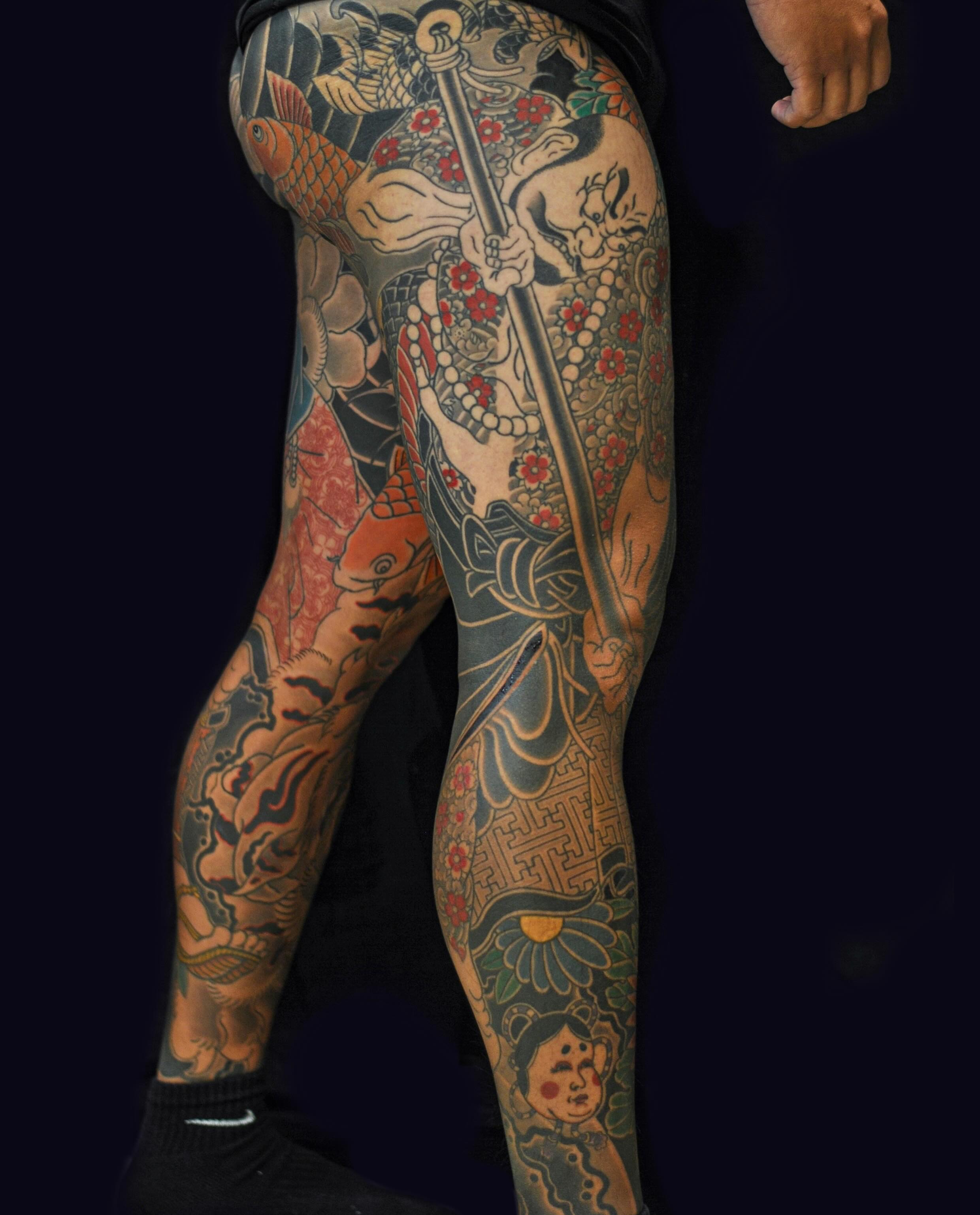 Samurai warrior American traditional tattoo on the leg by Xiaojun Yin, Vancouver, British Columbia