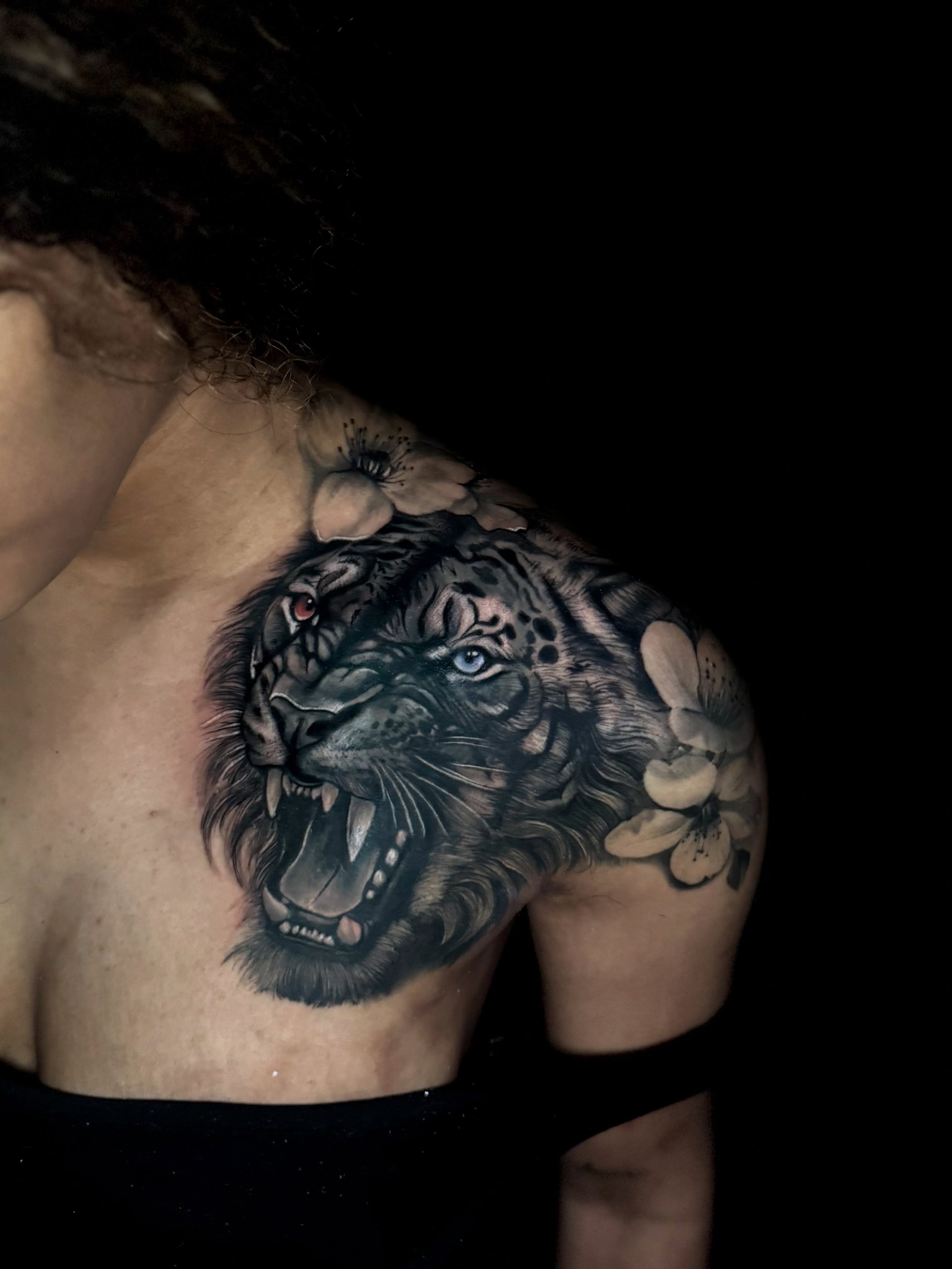 Lion realism tattoo on the shoulder by Georgianna Ink, Las Vegas, Nevada