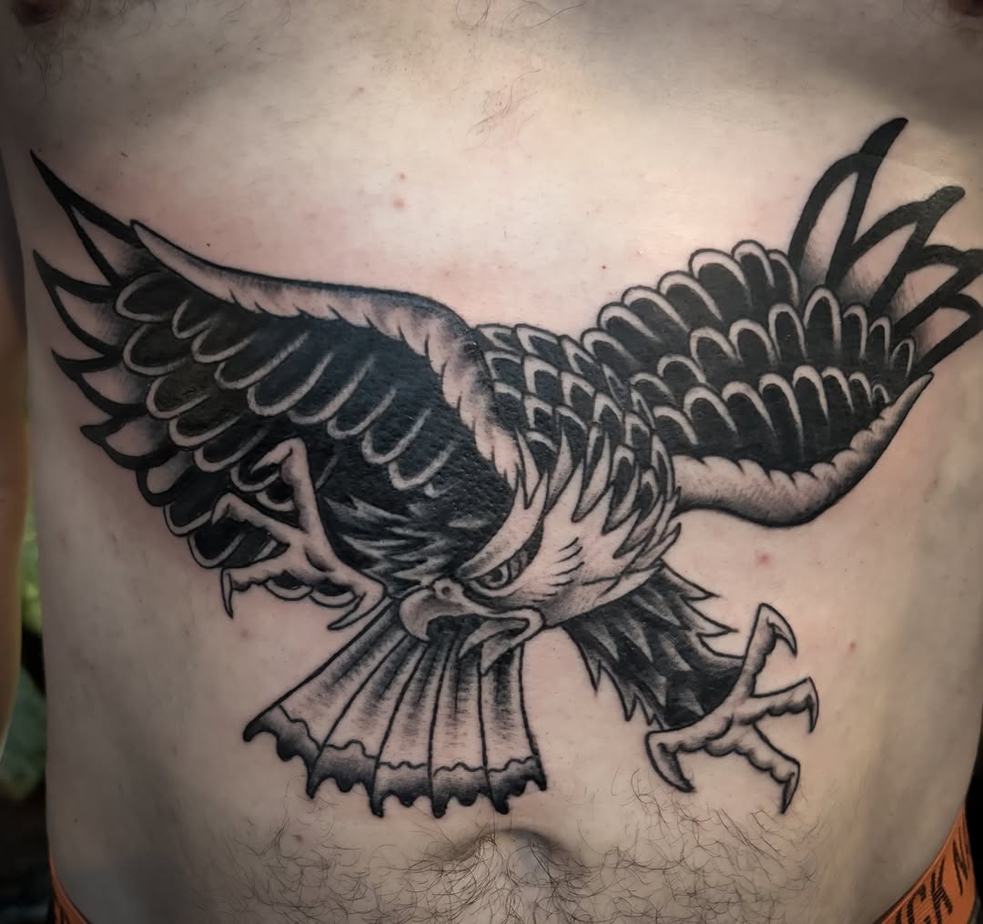 Hawk American traditional tattoo on the chest by Adam Underwood, Minneapolis, Minnesota