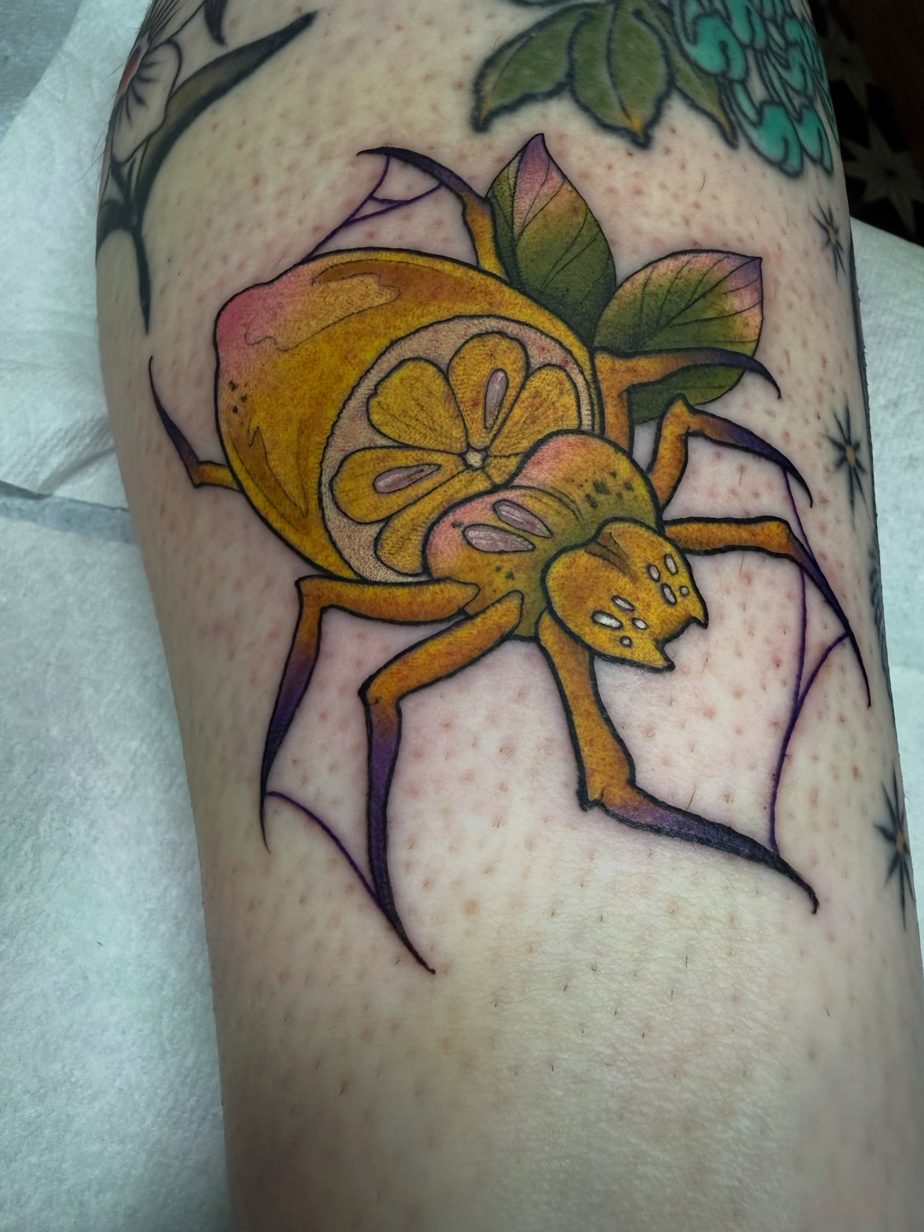 Lemon beetle dotwork tattoo on the thigh by Maia Papaya Tattoos 🐝 Olympia Tattoo Artist