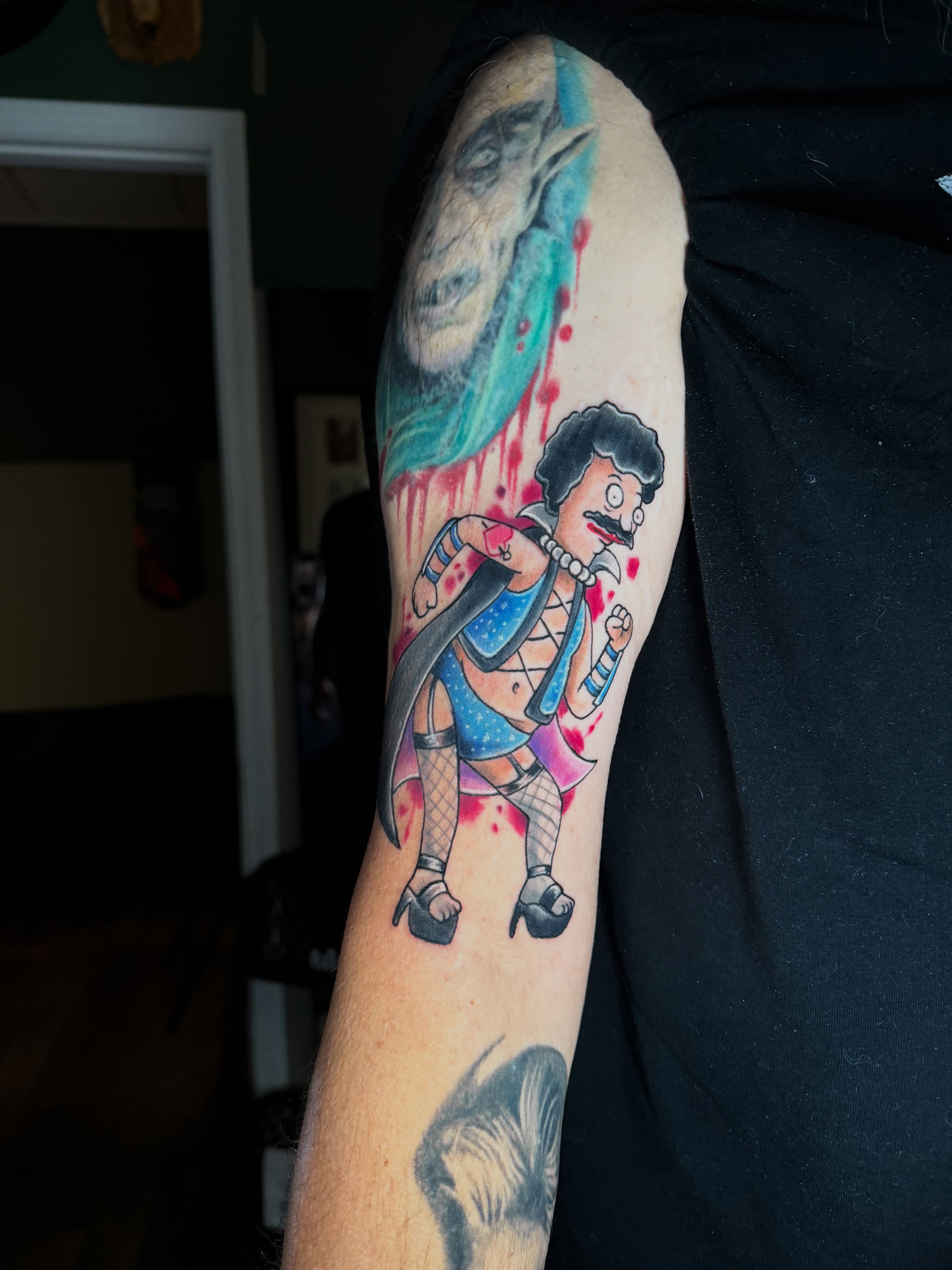 Mexican wrestler dotwork tattoo on the forearm by Loki Shane DeFriece