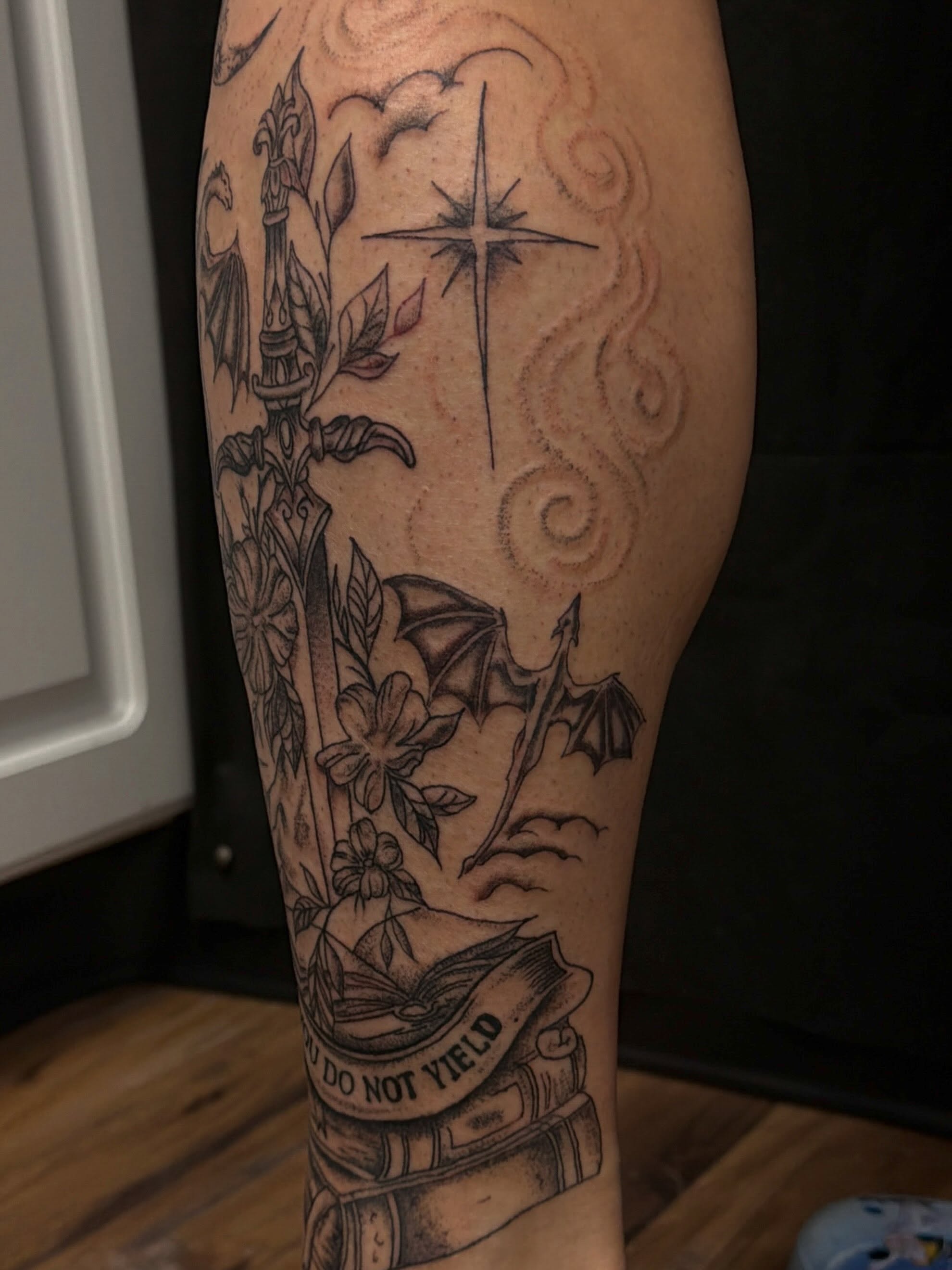 Battle scene realism tattoo on the forearm by cortez