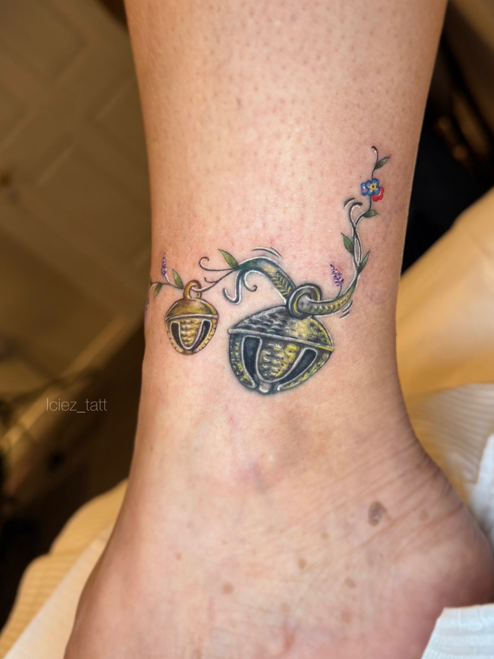 Acorn and beetle dotwork tattoo on the foot by Iciez