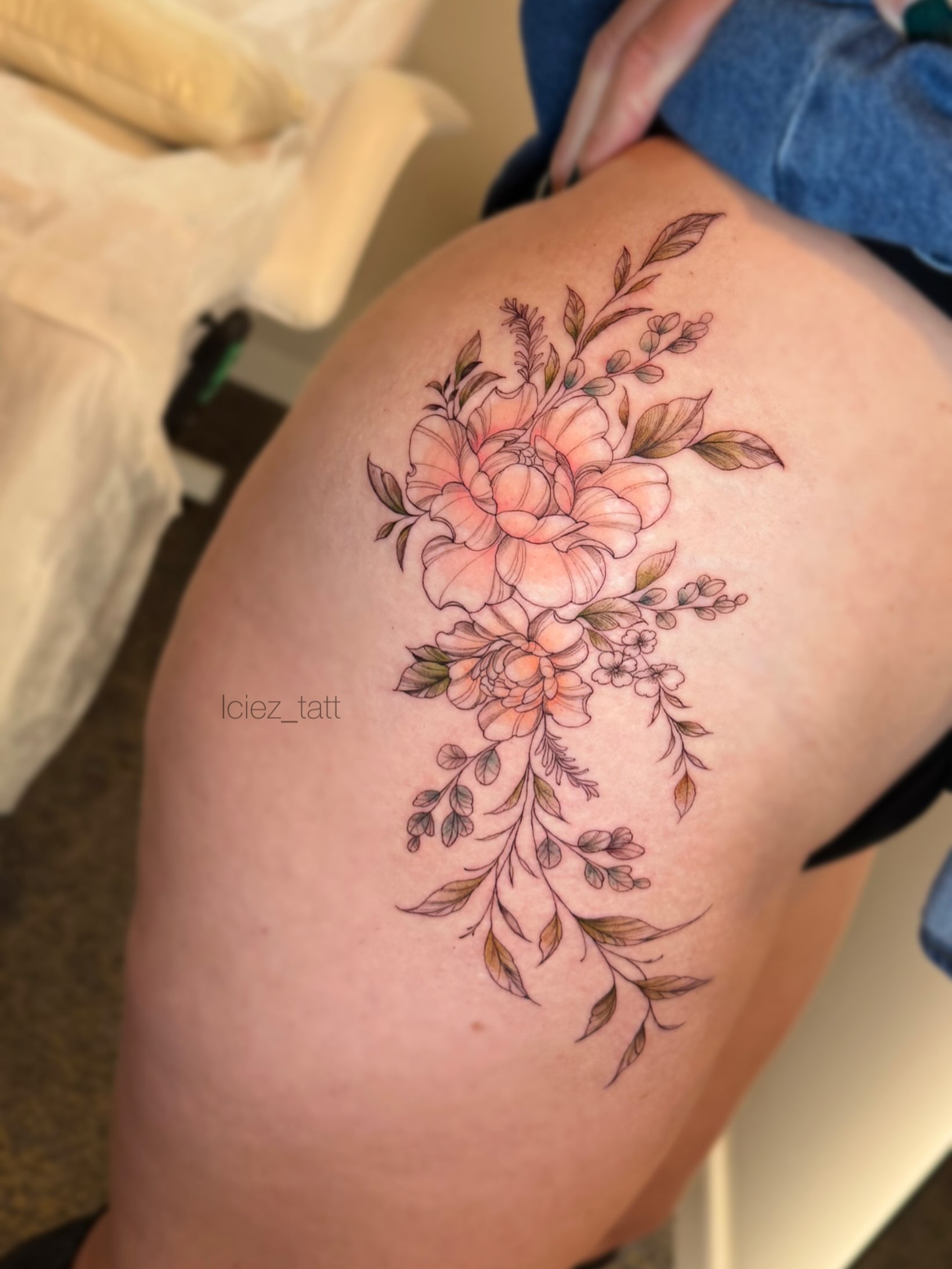 Floral bouquet new school tattoo on the thigh by Iciez