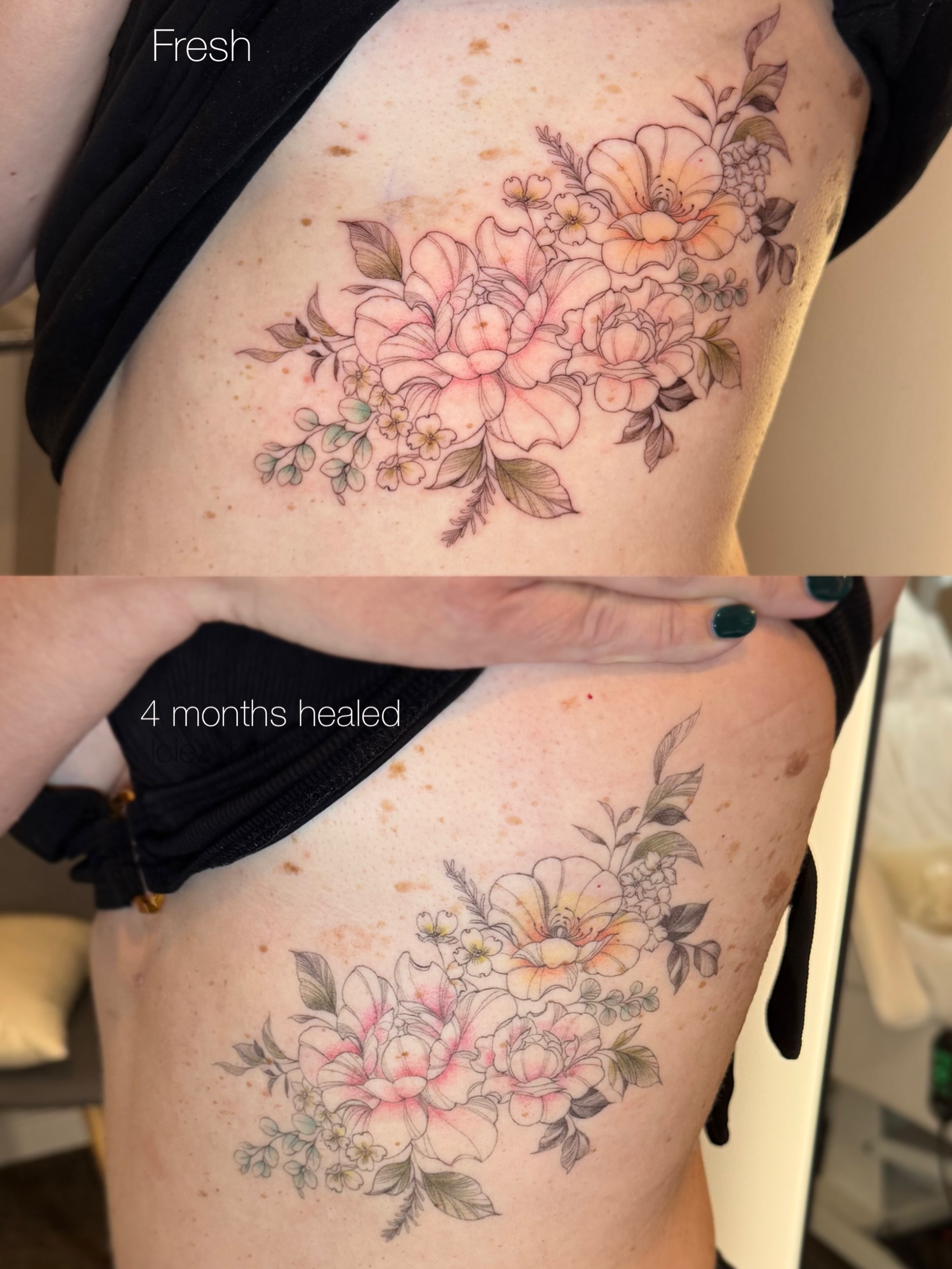 Floral bouquet new school tattoo on the ribs by Iciez