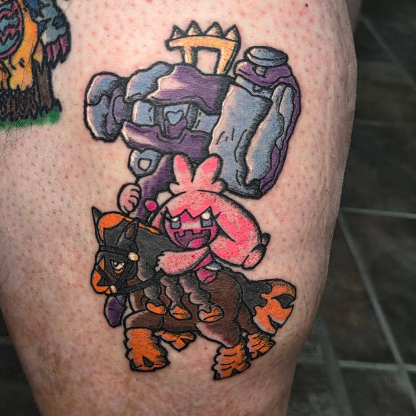 Pink character riding horse anime tattoo on the thigh by Chaz Escobar