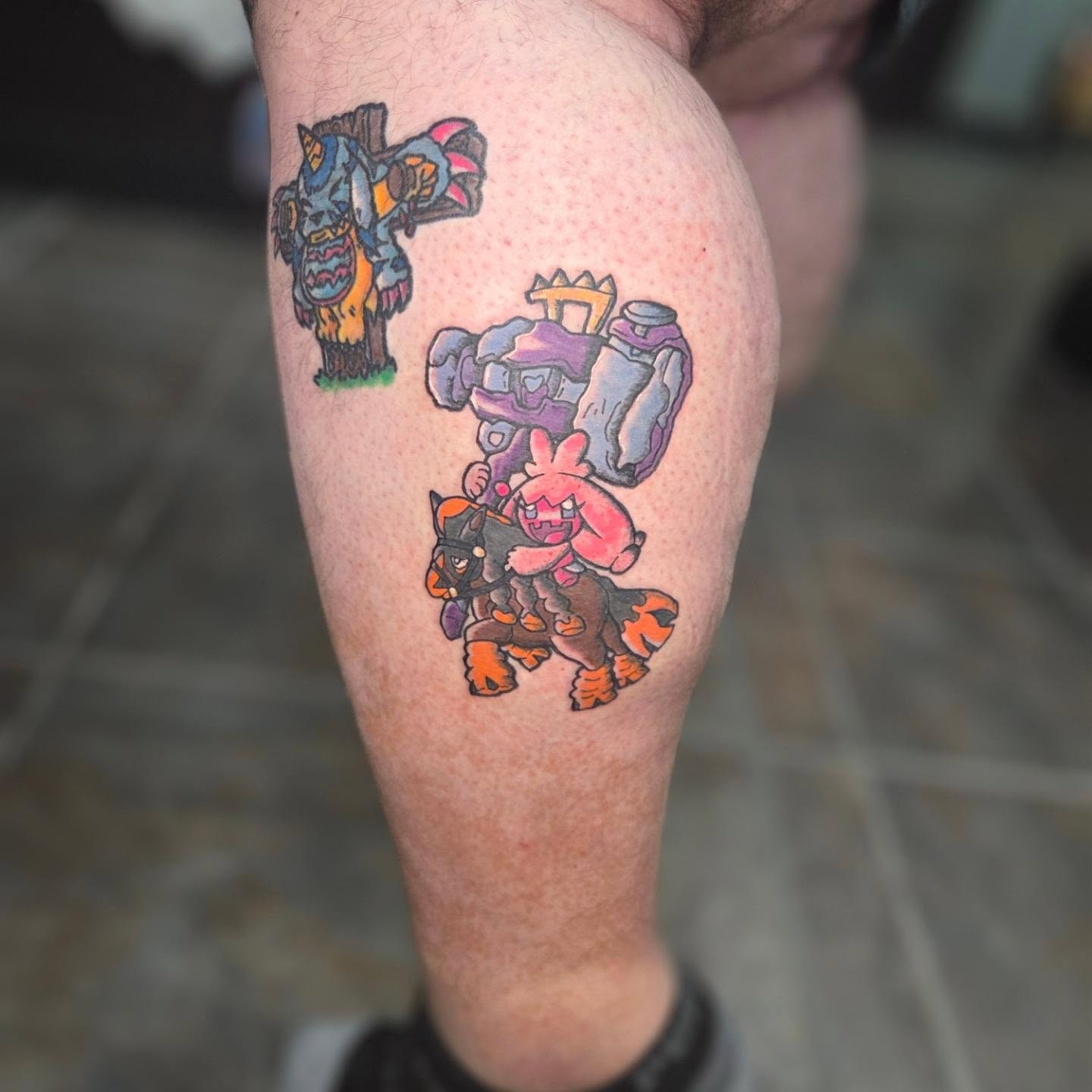Monster and knight dotwork tattoo on the leg by Chaz Escobar