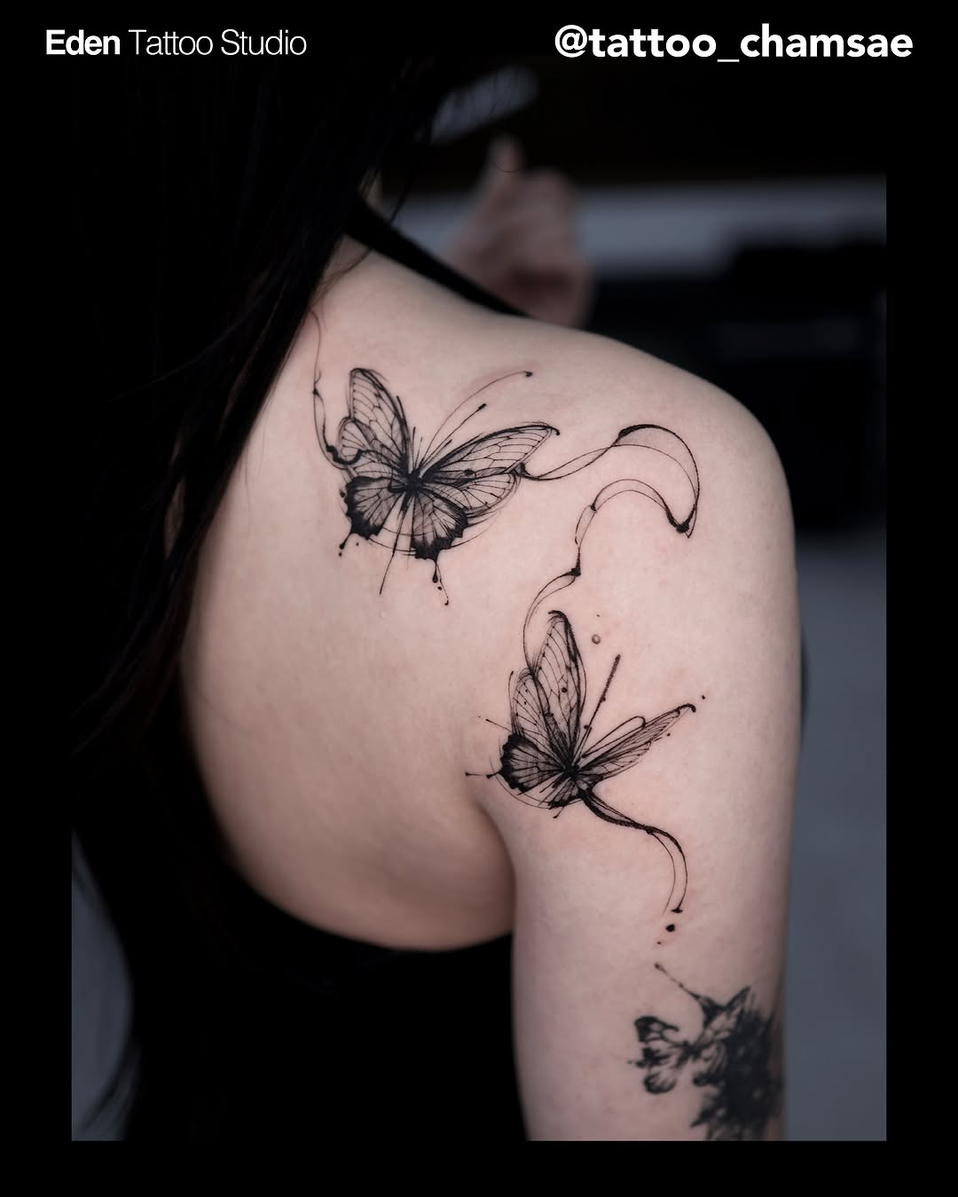 Butterfly black and grey tattoo on the shoulder by @tattoo_chamsae