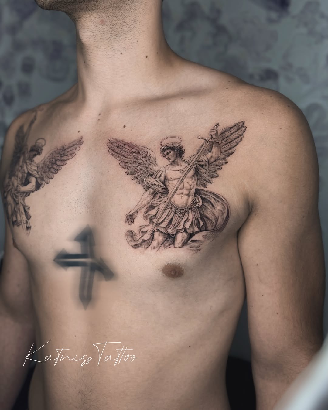 Angel with sword realism tattoo on the chest by 𝙆𝙖𝙩𝙣𝙞𝙨𝙨