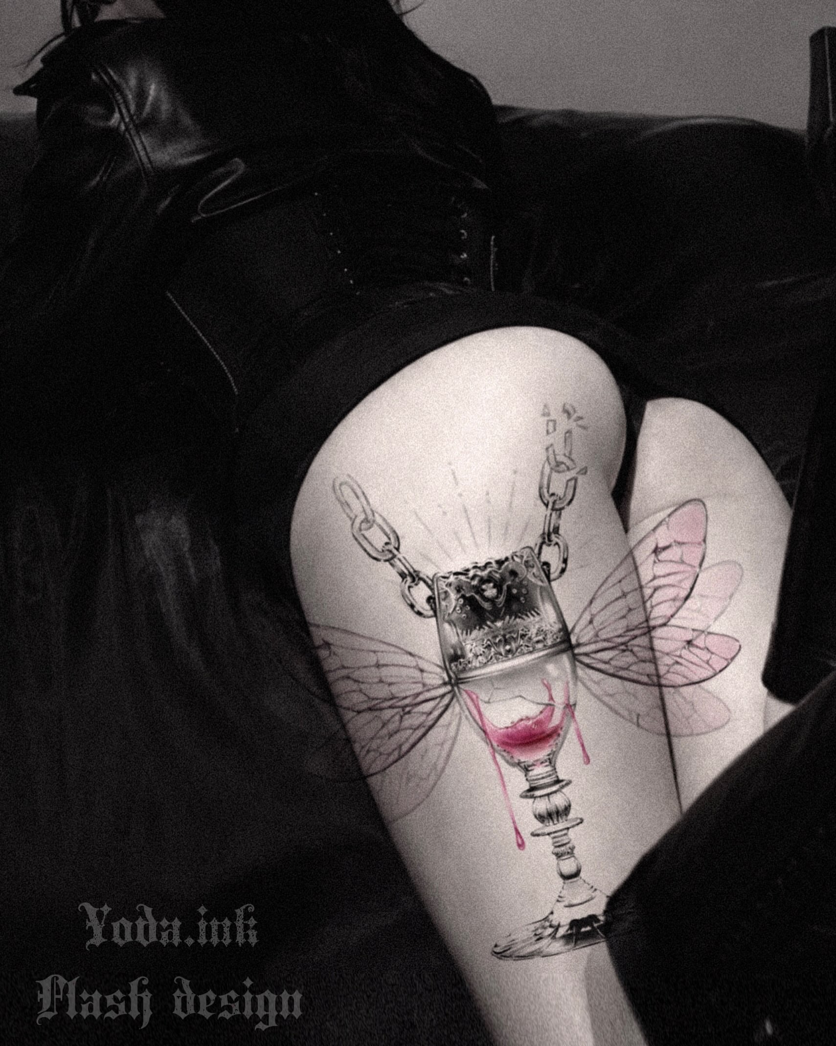 Wine glass with dragonfly wings realism tattoo on the thigh by Cyber sigil & ornamental tattoo π₯