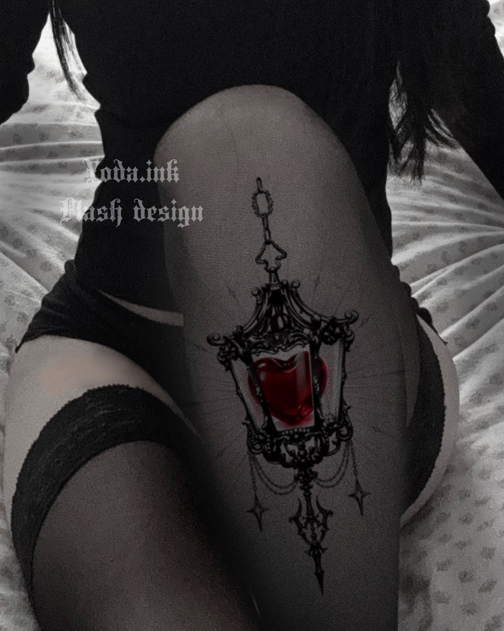 Lamp with heart dark realism tattoo on the thigh by Cyber sigil & ornamental tattoo π₯