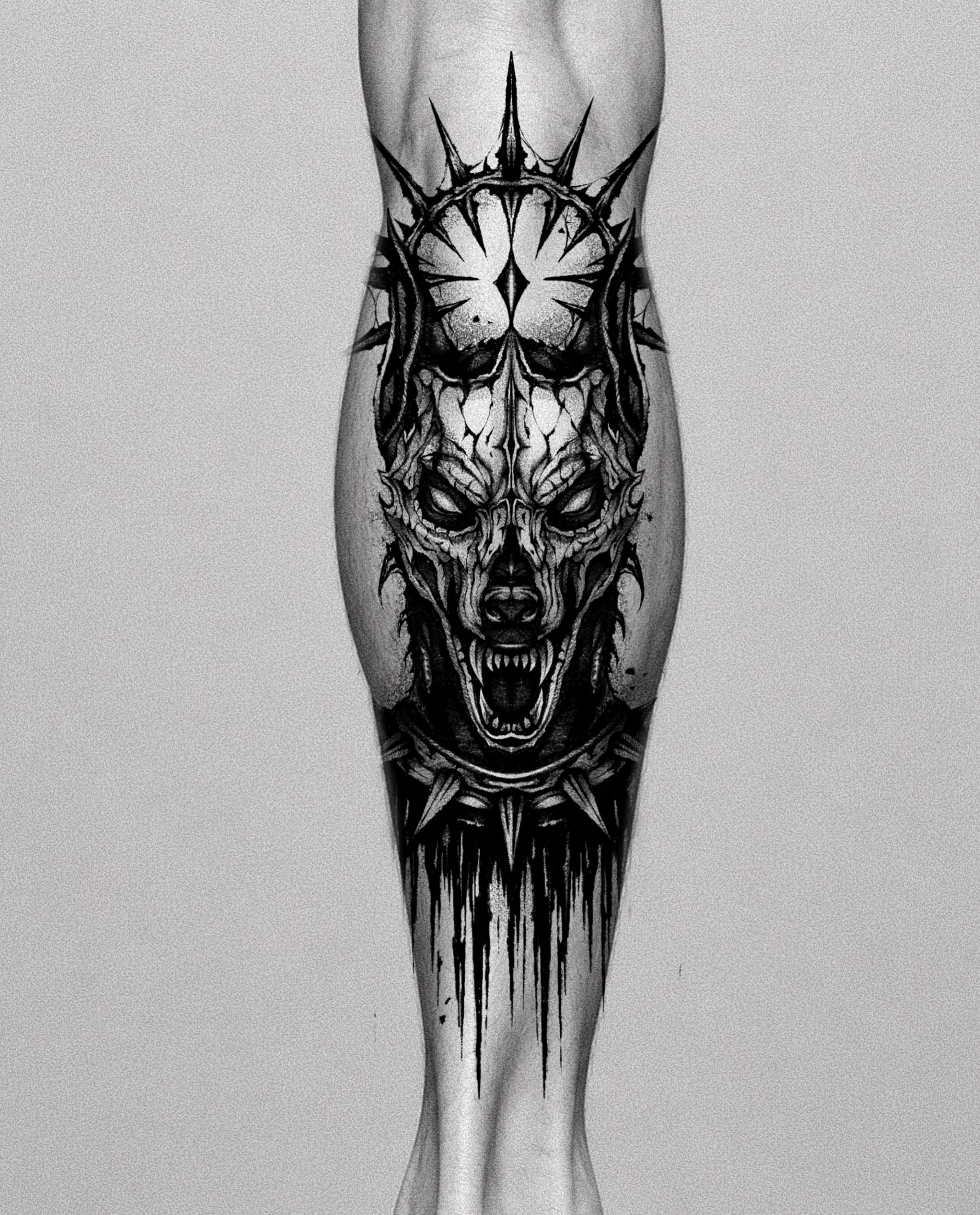 Demon skull dark realism tattoo on the calf by Kimgang 김강