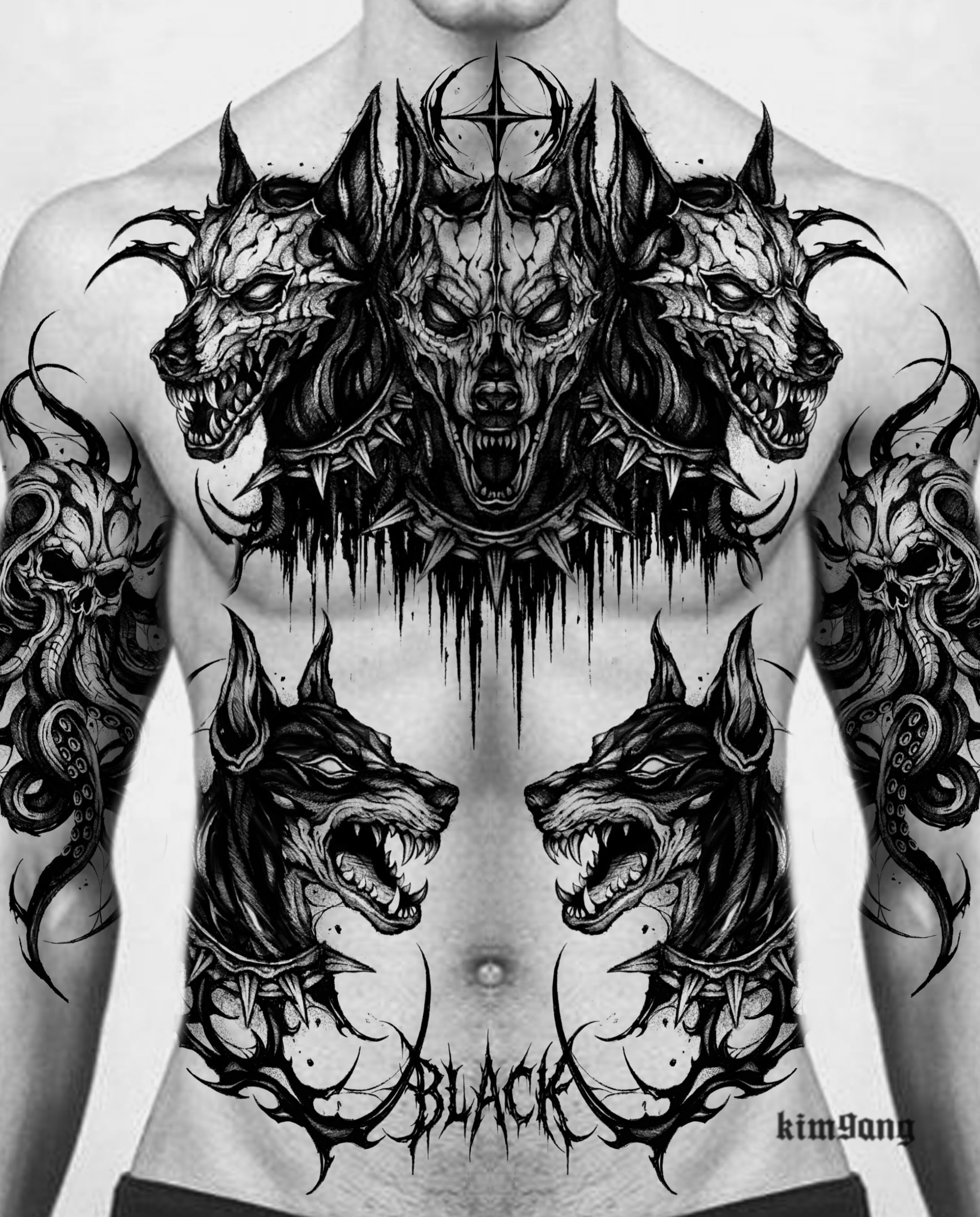 Wolf heads dark realism tattoo on the chest by Kimgang 김강