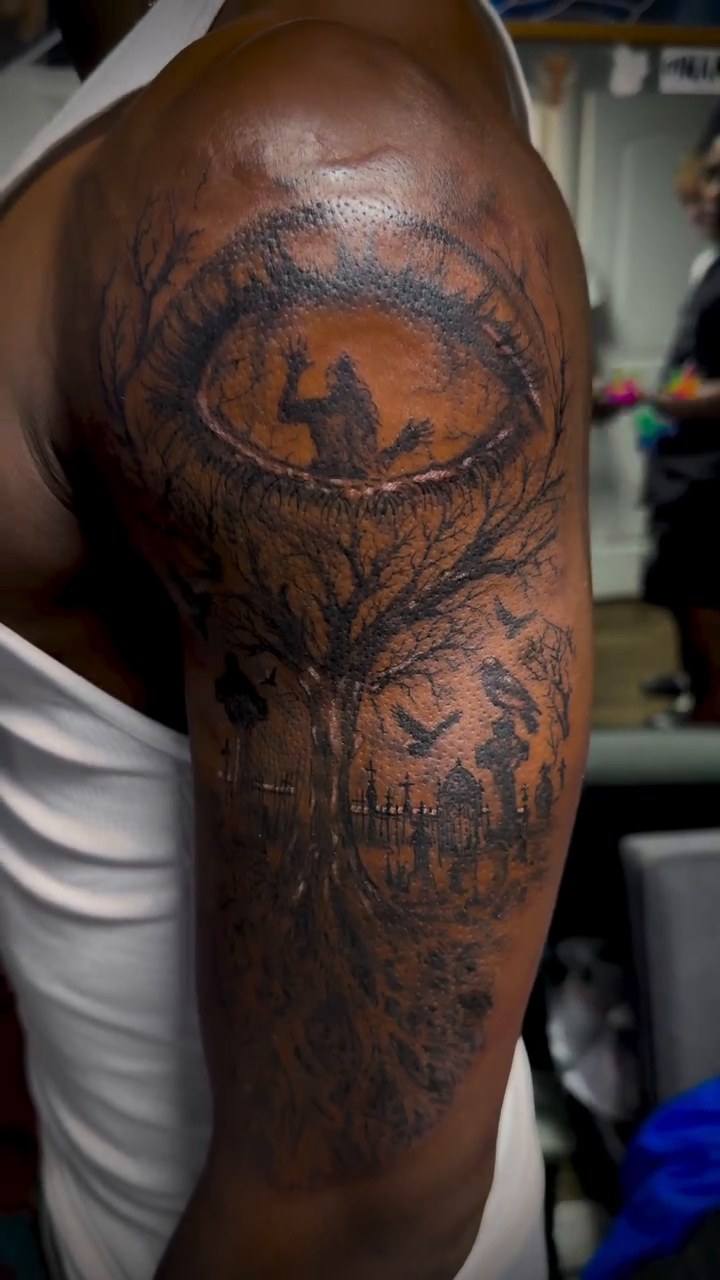 Tattoo by @tat2reign_85 — dark_realism, black_and_grey
