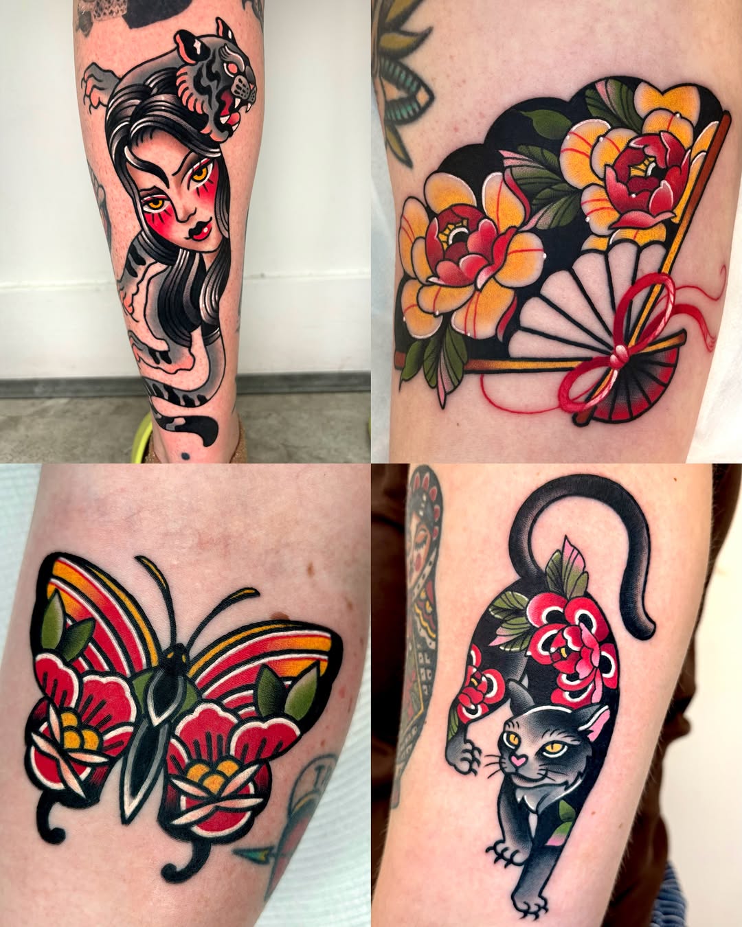 Woman with tiger American traditional tattoo on the forearm by 부산타투