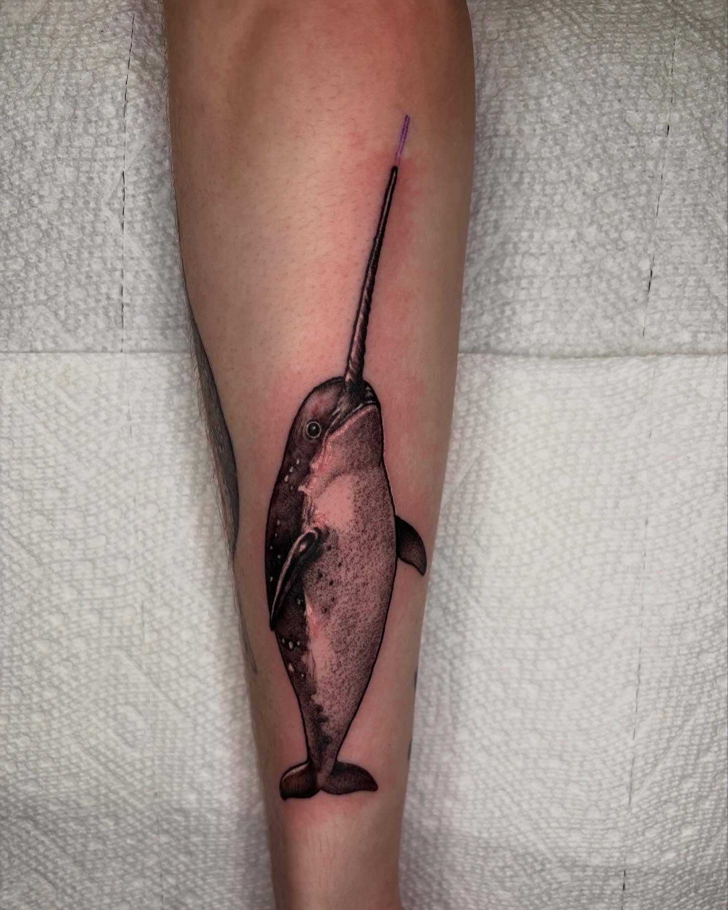 Narwhal dotwork tattoo on the forearm by Emily Falkowski