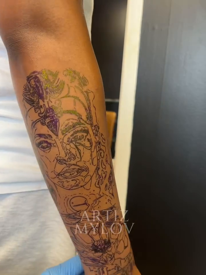 Face with floral elements realism tattoo by Love