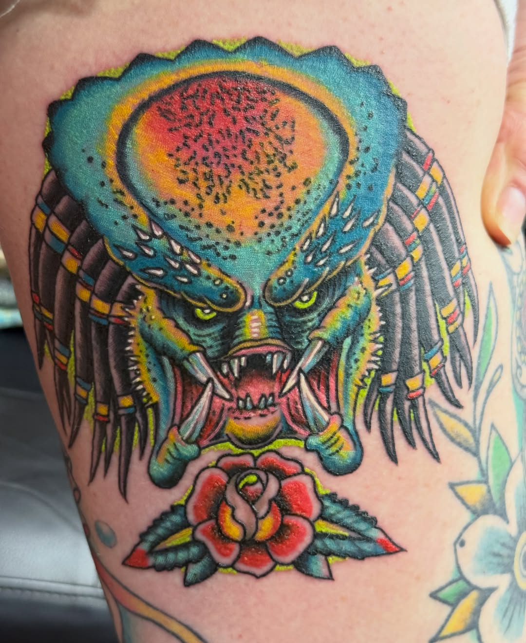 Predator head American traditional tattoo on the thigh by Austin Liebst, Wichita, Kansas