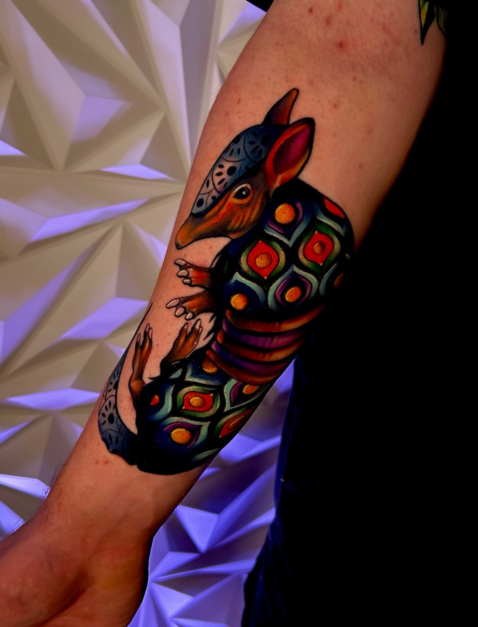 Armadillo geometric tattoo on the forearm by Haleigh Cunningham, Charlotte, North Carolina