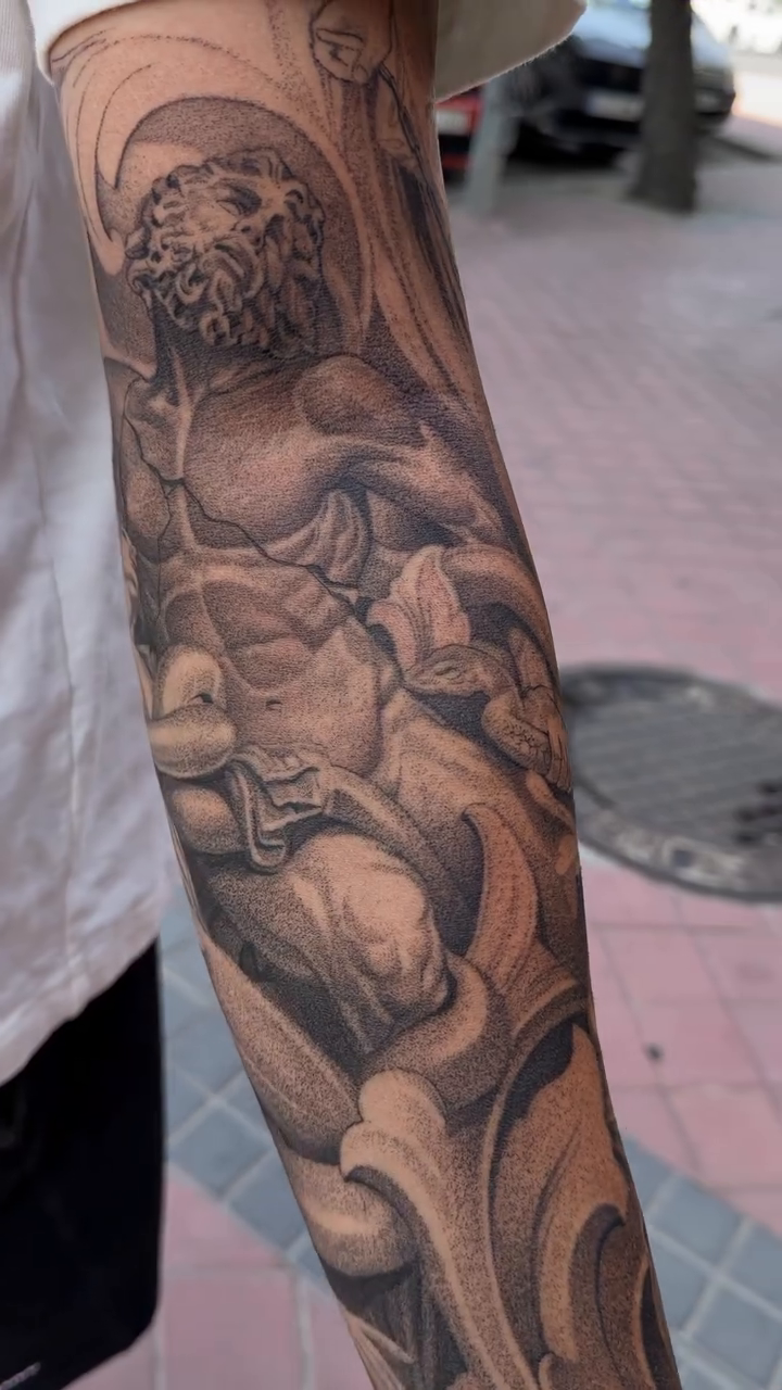 Classical sculpture and drapery realism tattoo by Viktor Govorukhin