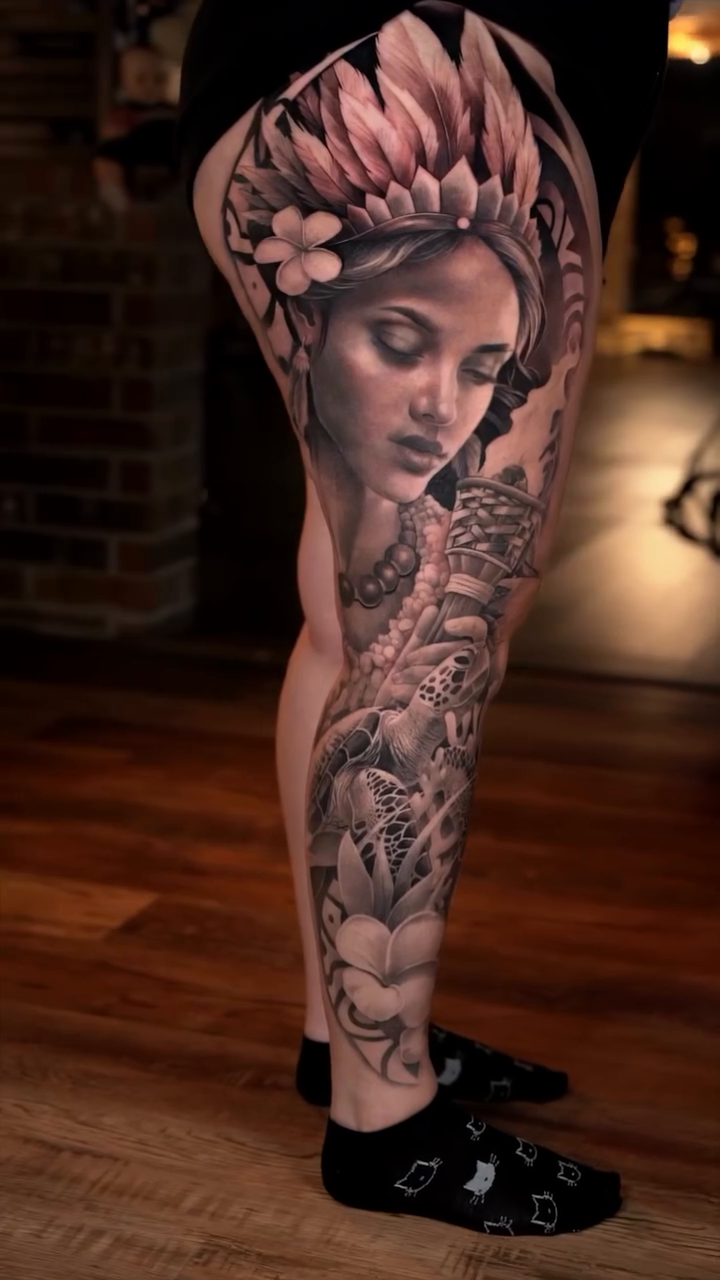Woman with headdress realism tattoo by Risa